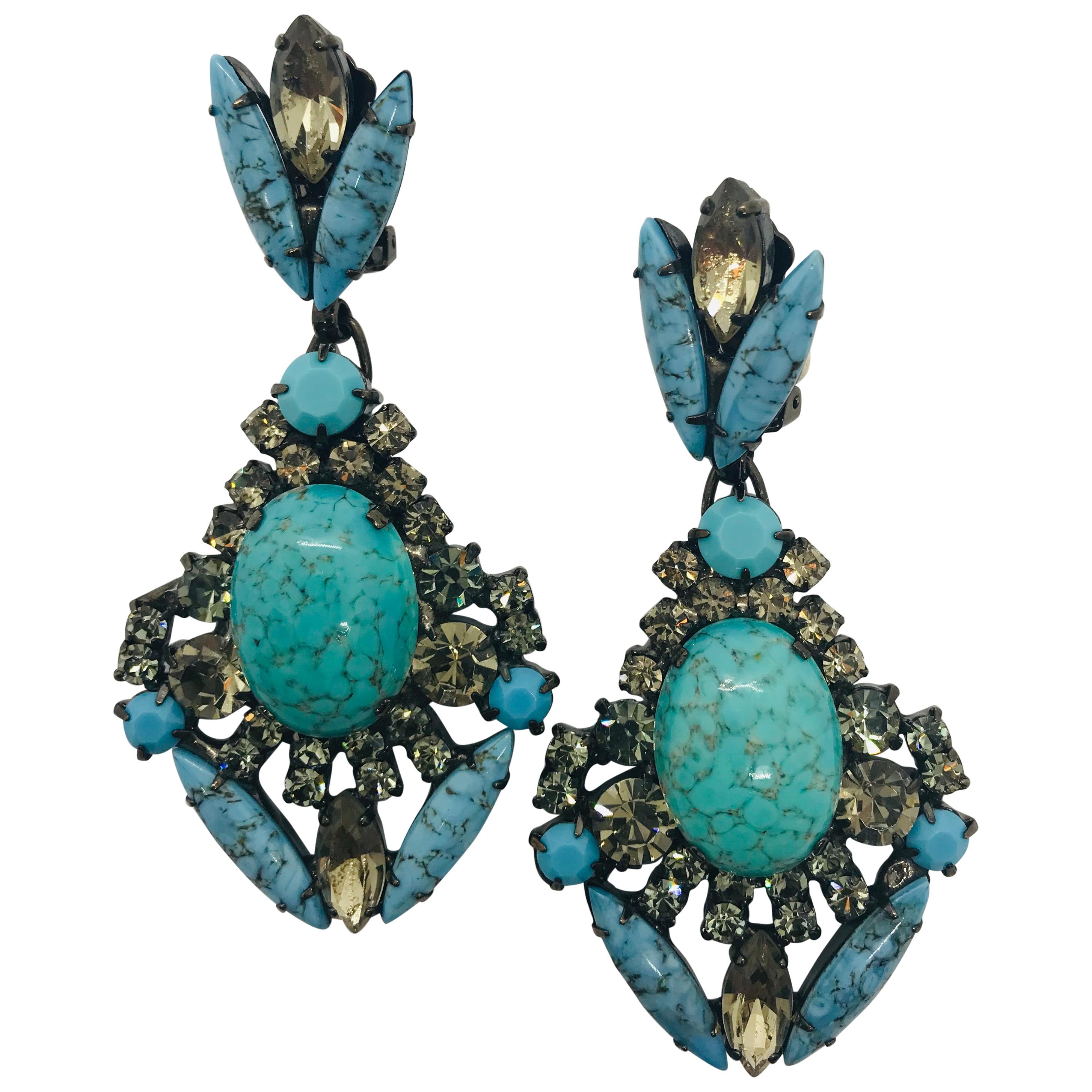 Turquoise Matrix and Black Diamond Austrian Crystal Pendant Drop Earrings For Sale