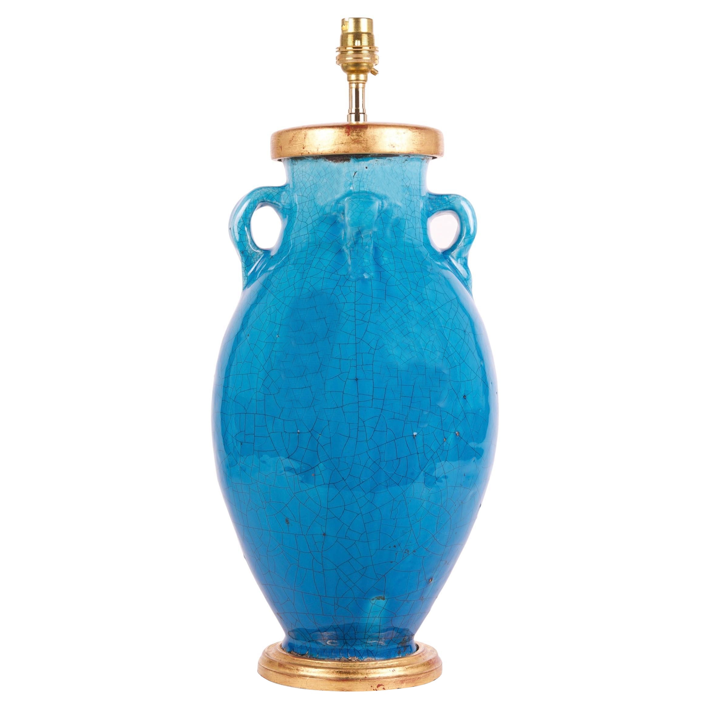 Turquoise Mid 19th Century French Crackle Glazed Antique Table Lamp For Sale