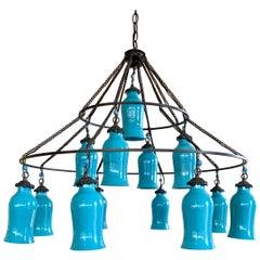 Liza Sherman Egyptian Three Tier Turquoise Milk Glass Large 12 Light Chandelier