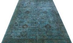 Turquoise Modern Transitional Art & Crafts Wool Rug Handmade with Floral Motif