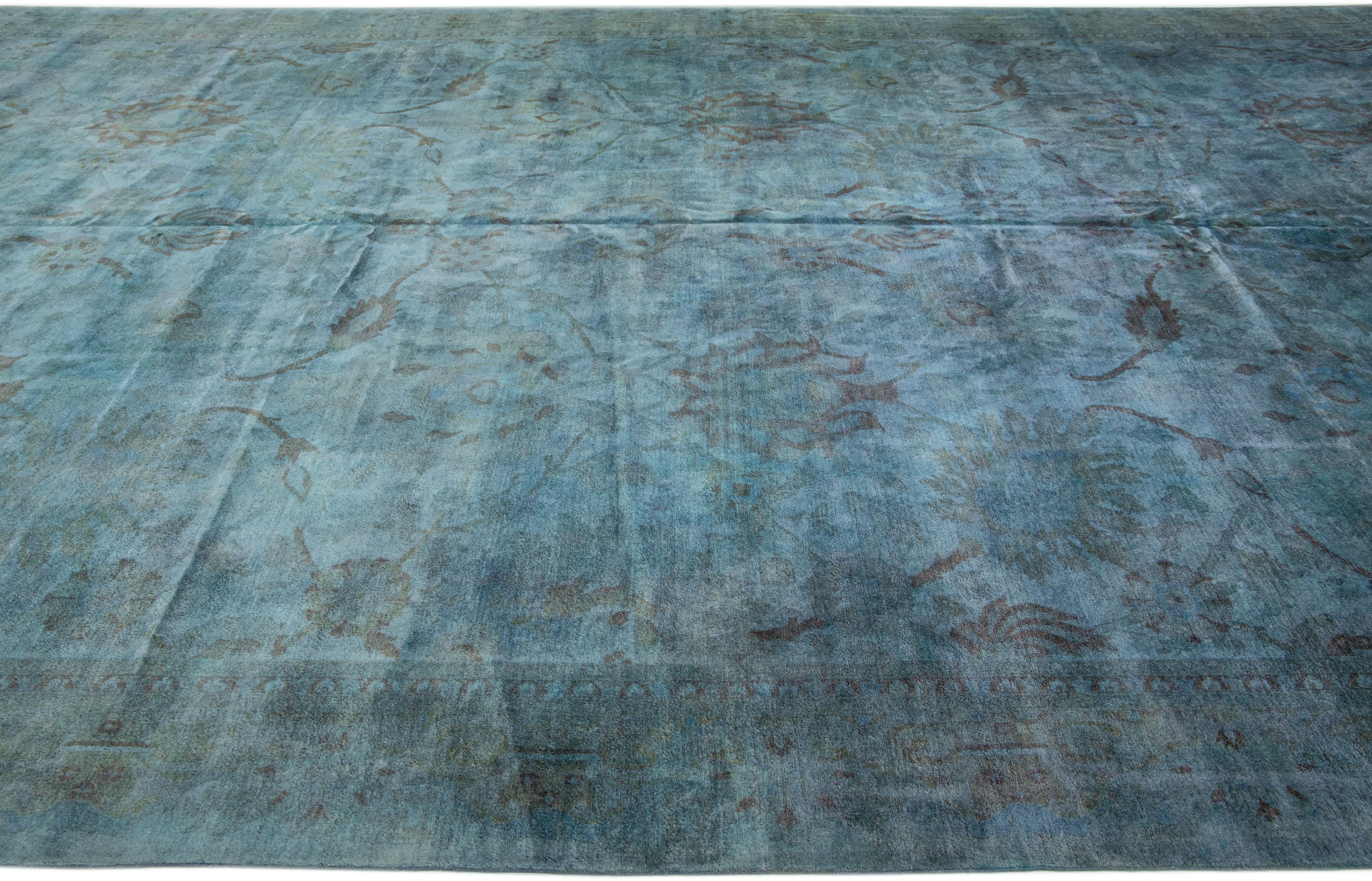Pakistani Turquoise Modern Transitional Art & Crafts Wool Rug Handmade with Floral Motif For Sale