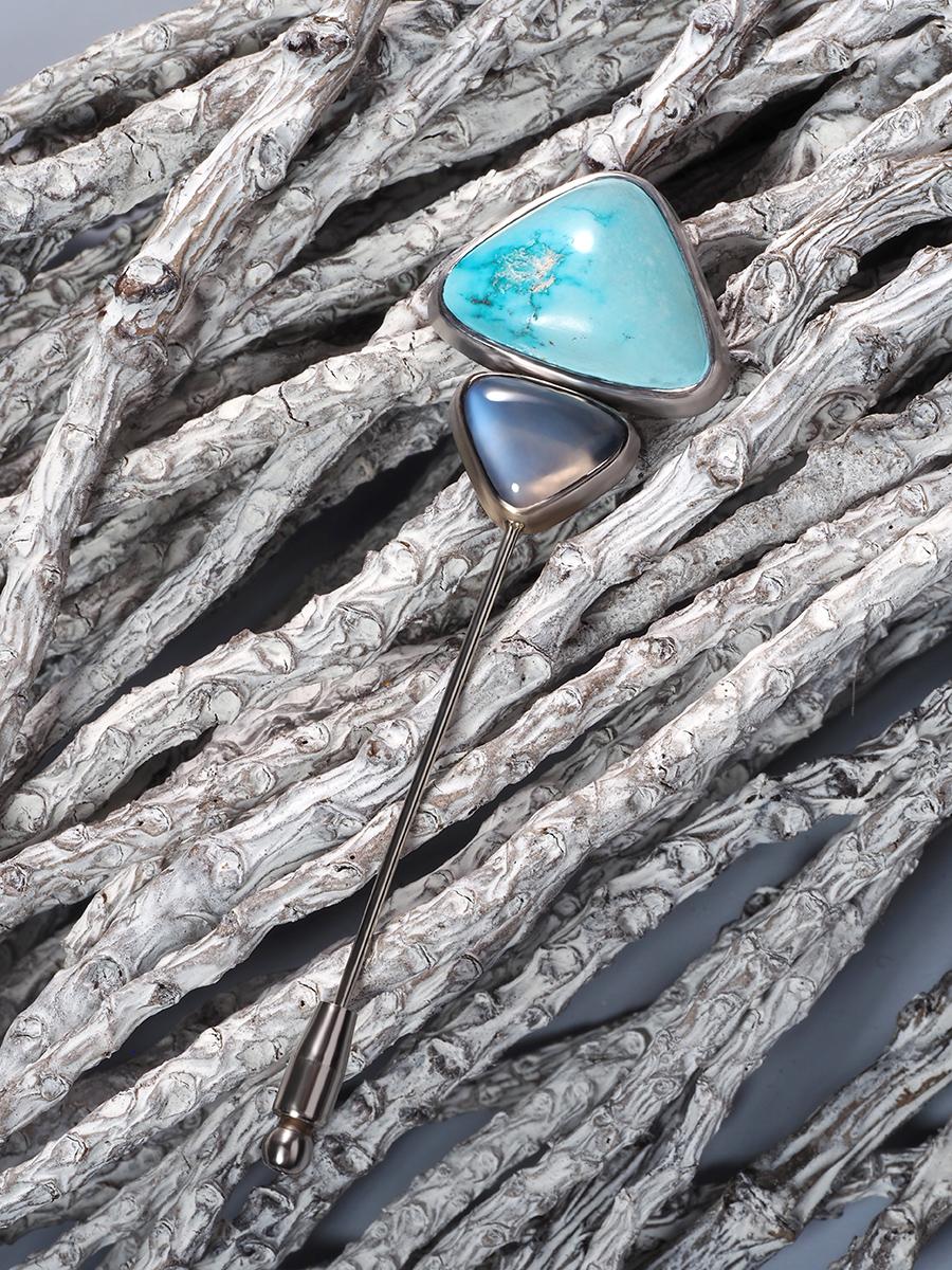 Artisan Turquoise Moonstones Diamonds Gold Brooch Minimalism Unisex Jewelry Mens Gift For Sale