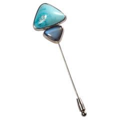 Turquoise Moonstones Diamonds Gold Brooch Minimalism Unisex Jewelry Mens Gift