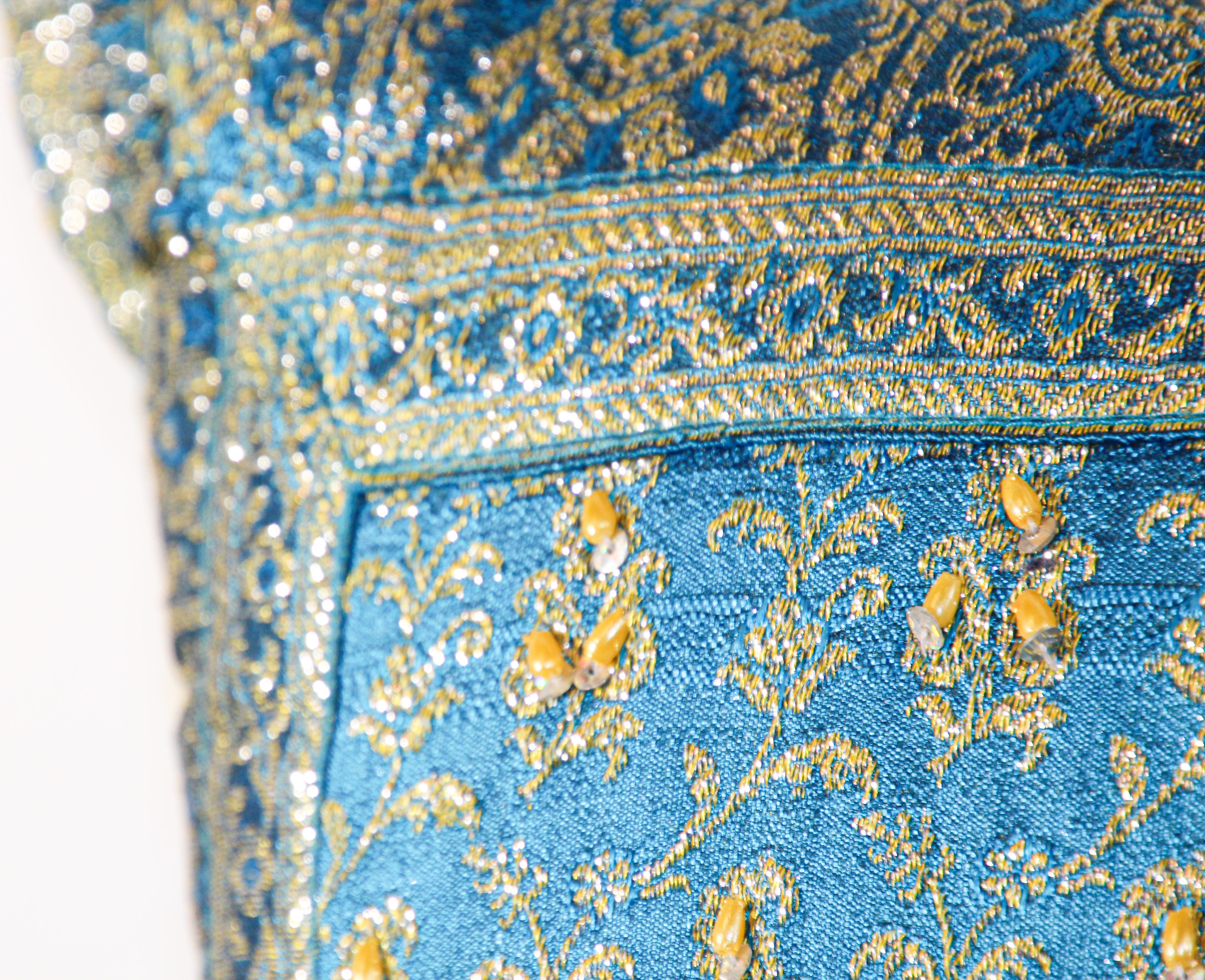 Turquoise Mughal Style Decorative Throw Pillow Embellished with Sequins and Bead For Sale 2
