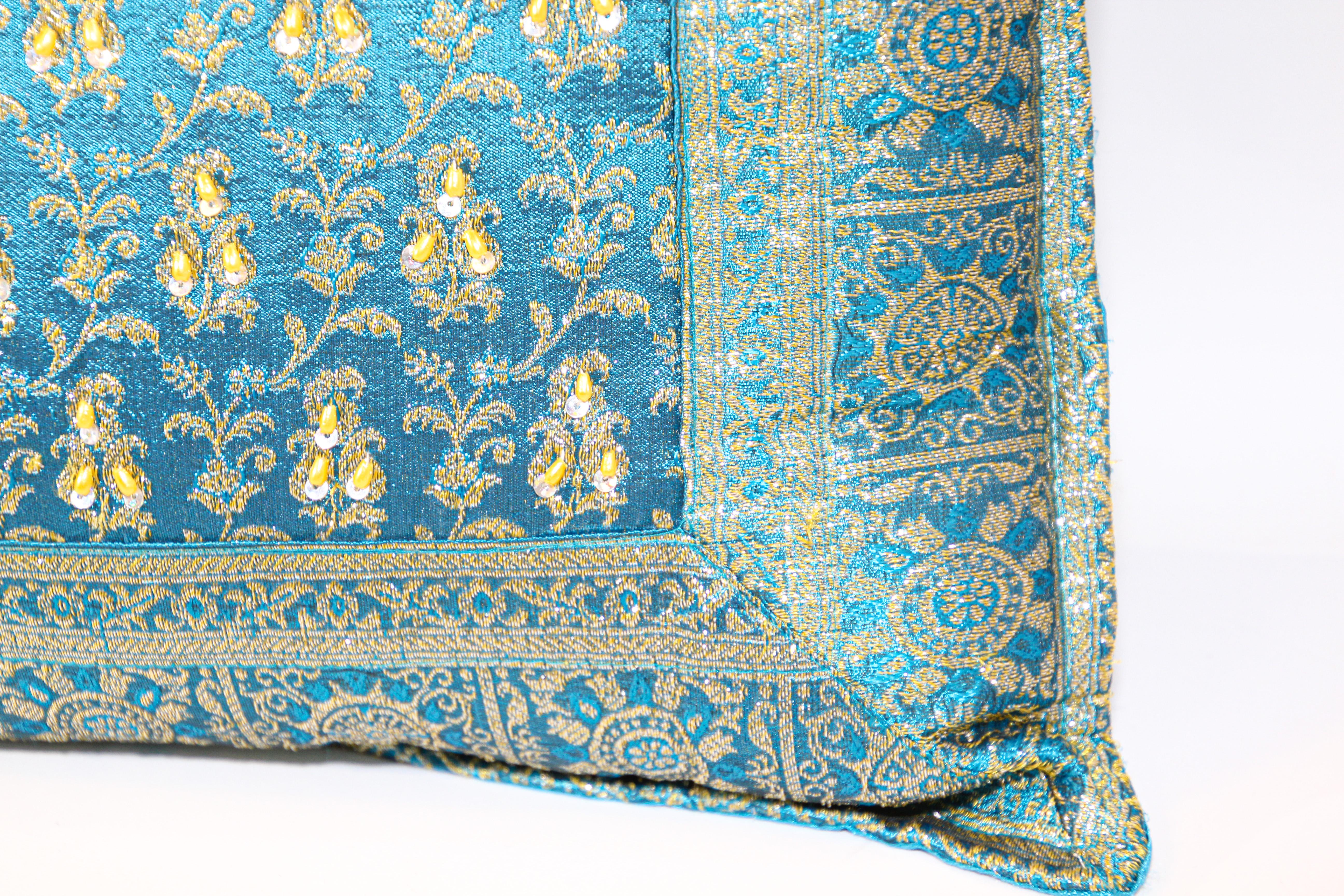 Turquoise Mughal Style Decorative Throw Pillow Embellished with Sequins and Bead For Sale 4