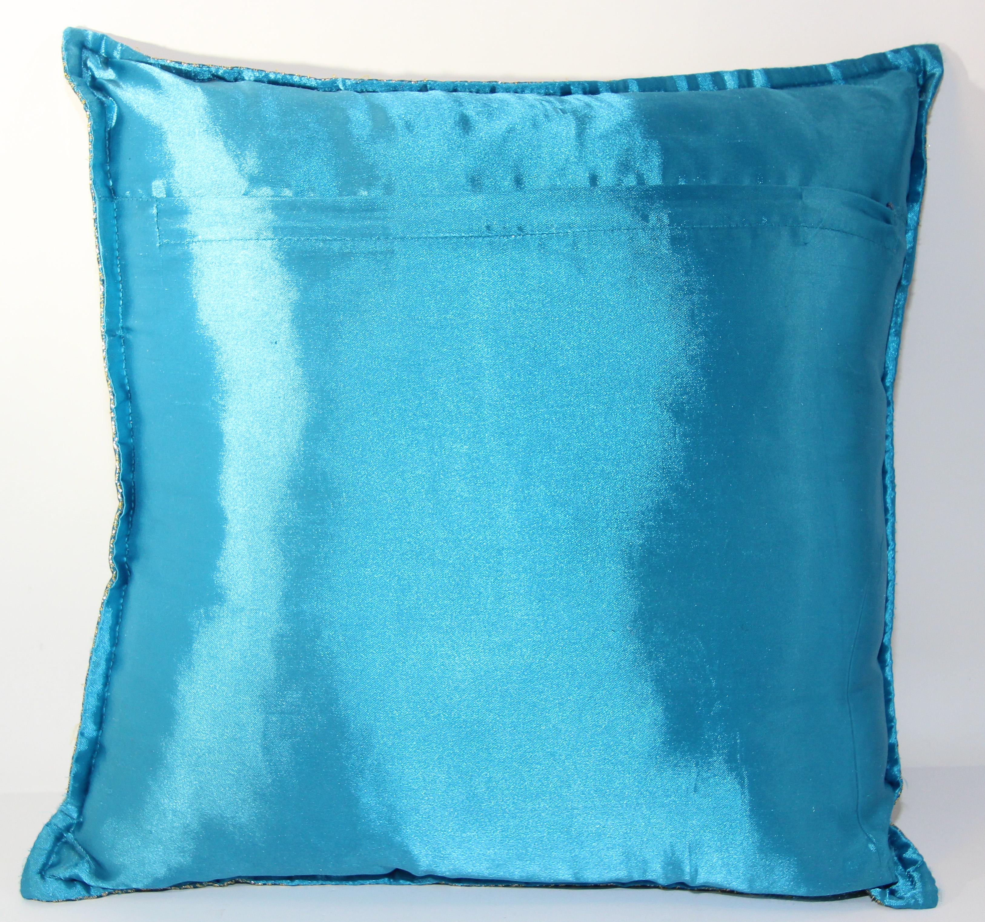 Turquoise Mughal Style Decorative Throw Pillow Embellished with Sequins and Bead For Sale 6