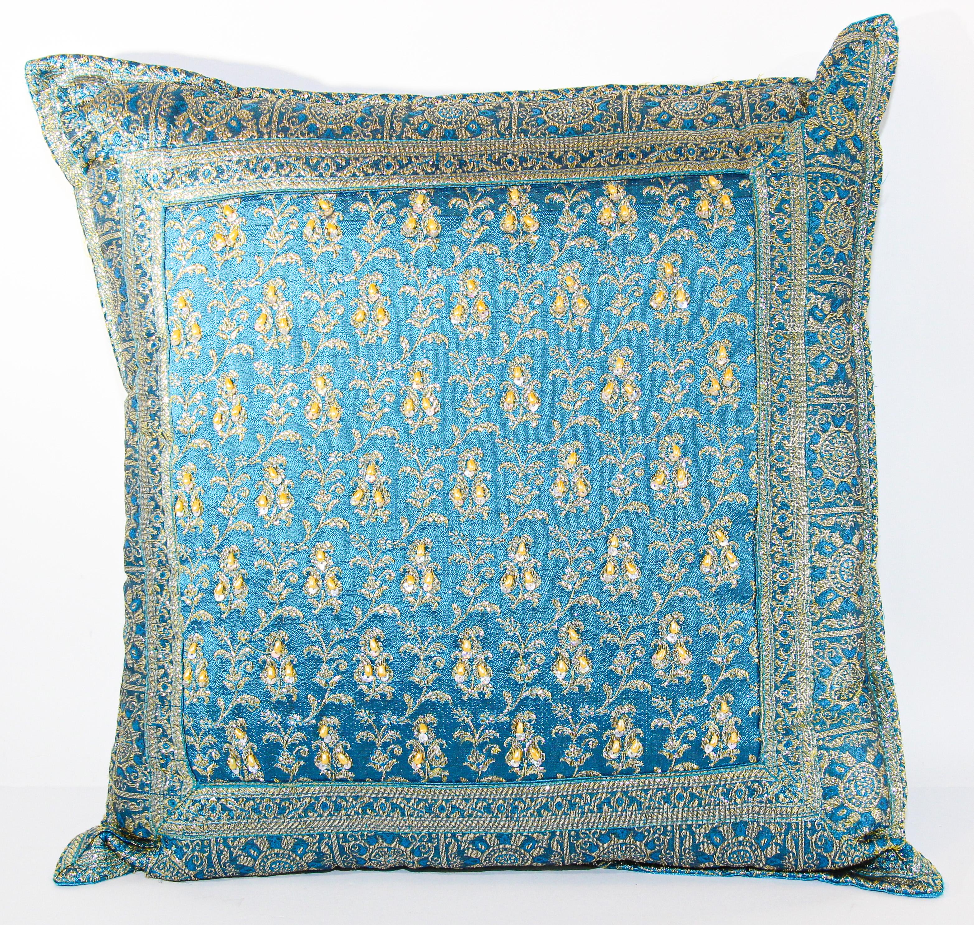Vintage Throw decorative accent turquoise Mughal style pillow embroidered and embellished with sequins with Moorish metallic threads, silver beads embroidery on turquoise.
Heavily embellished border of metallic embroidery Moorish