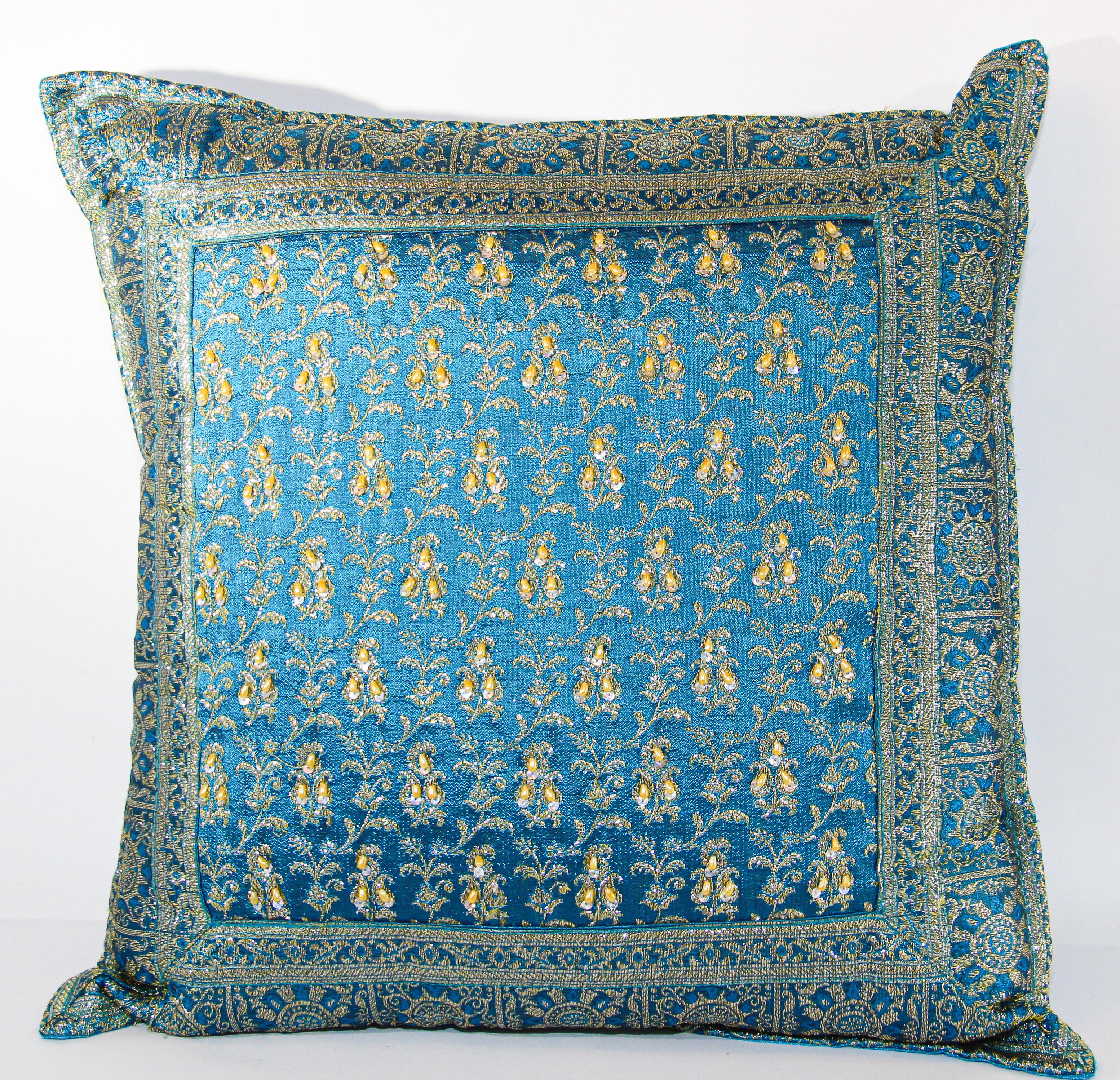 Moorish Turquoise Mughal Style Decorative Throw Pillow Embellished with Sequins and Bead For Sale