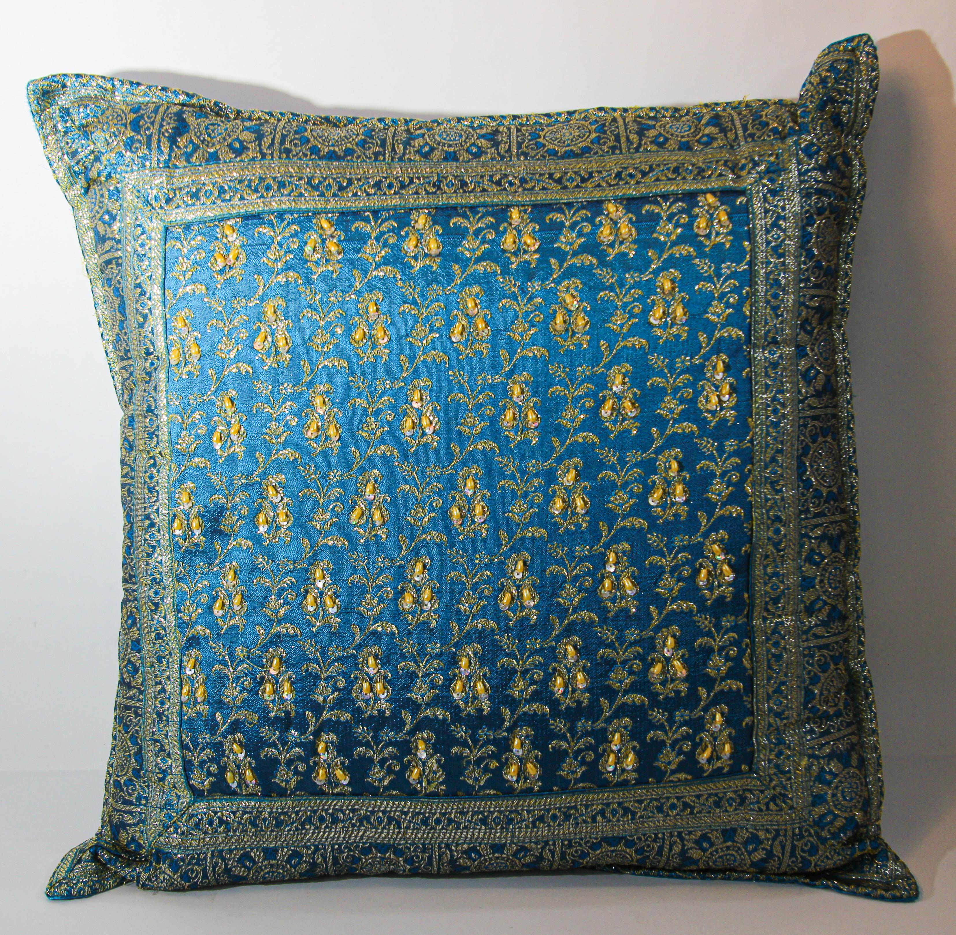 Indian Turquoise Mughal Style Decorative Throw Pillow Embellished with Sequins and Bead For Sale
