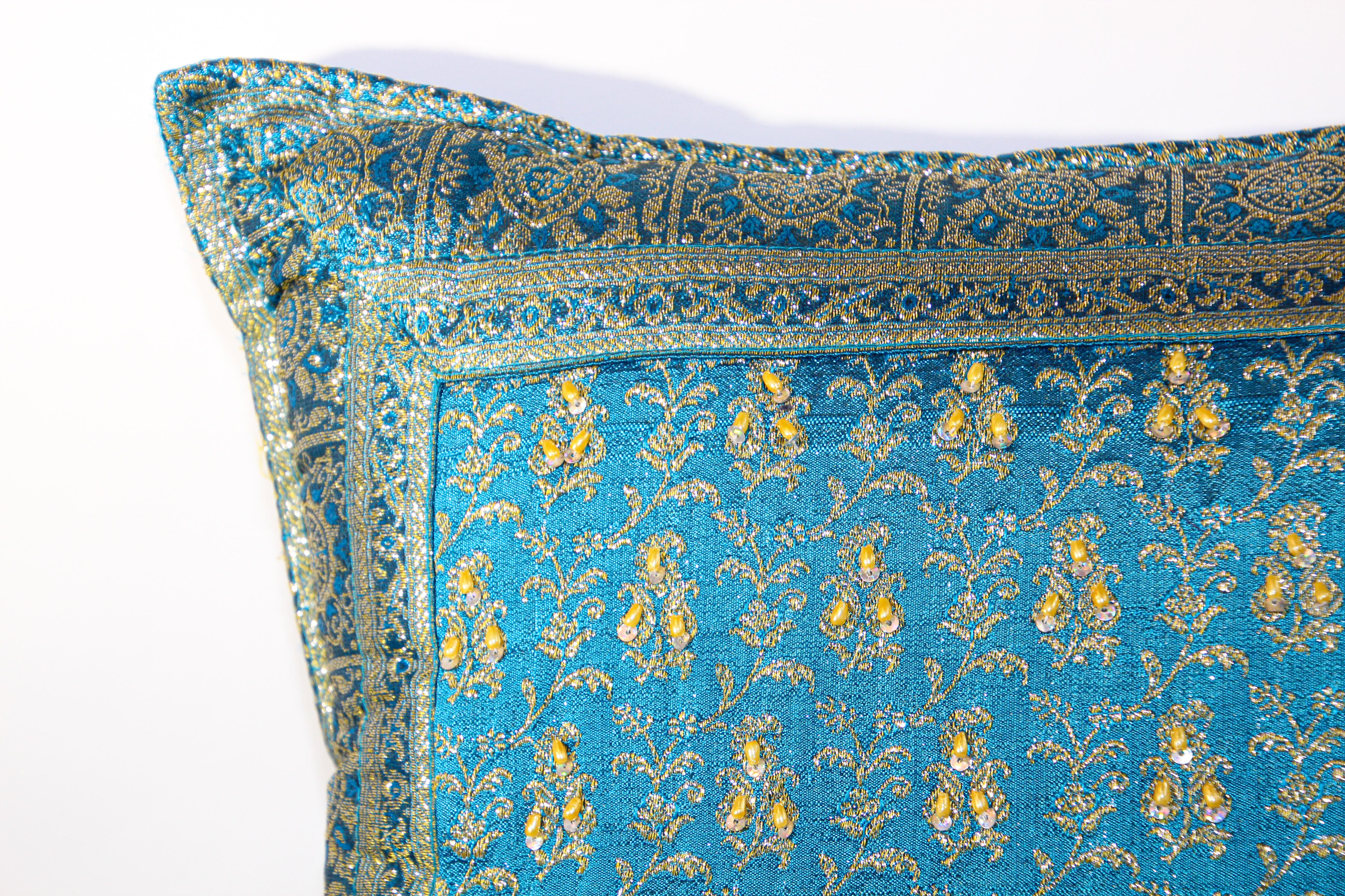 Embroidered Turquoise Mughal Style Decorative Throw Pillow Embellished with Sequins and Bead For Sale