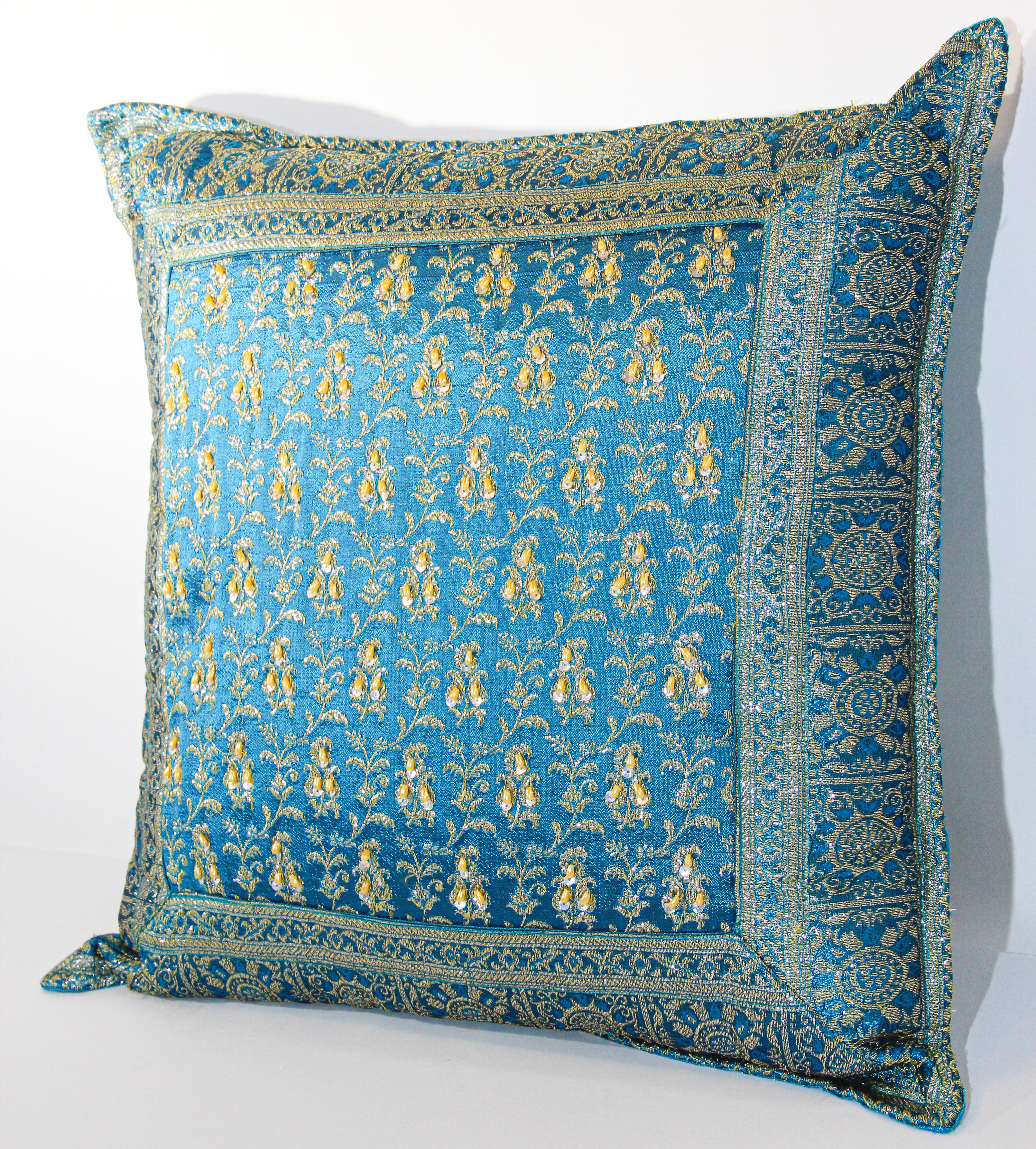 20th Century Turquoise Mughal Style Decorative Throw Pillow Embellished with Sequins and Bead For Sale