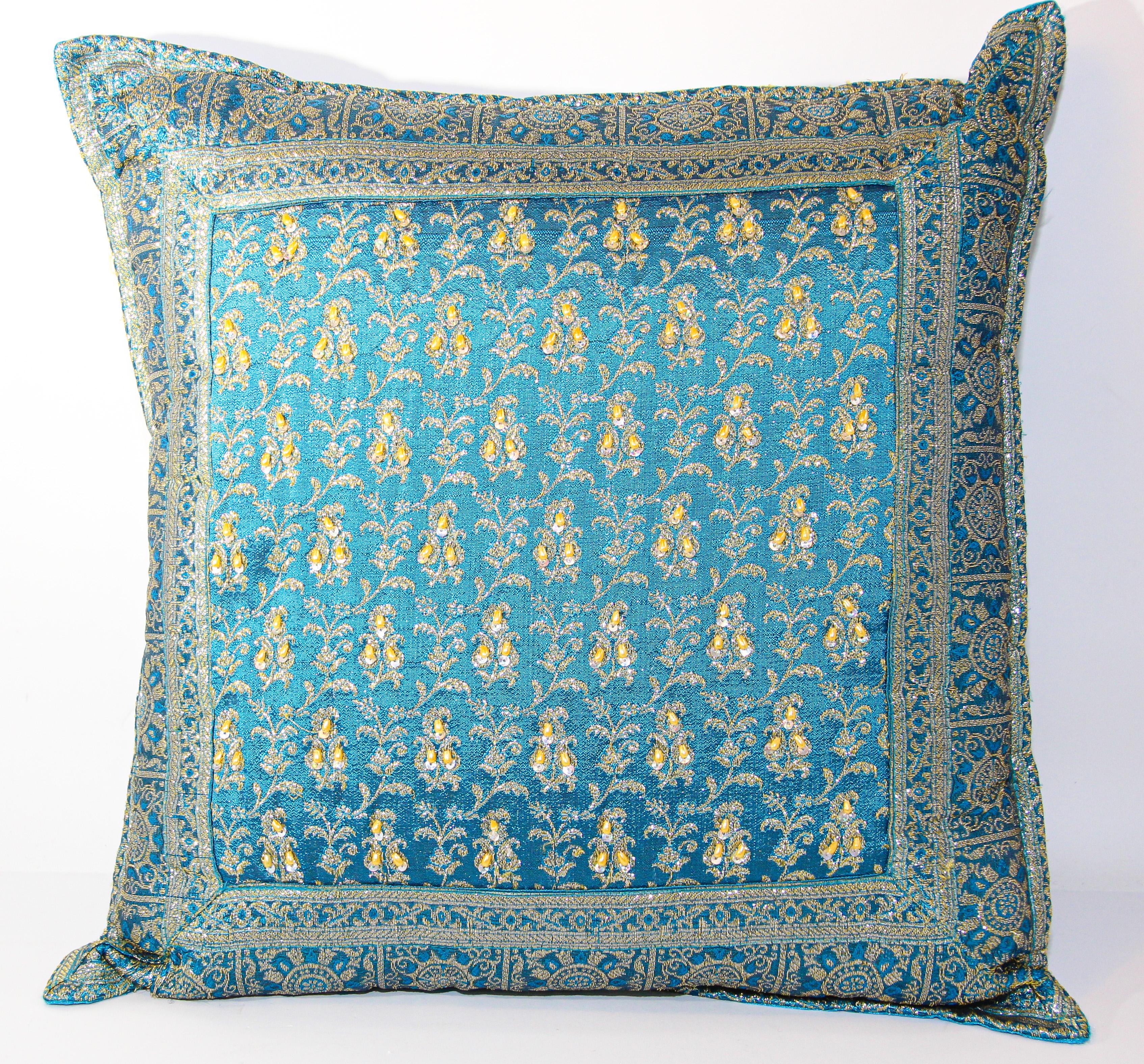Silk Turquoise Mughal Style Decorative Throw Pillow Embellished with Sequins and Bead For Sale
