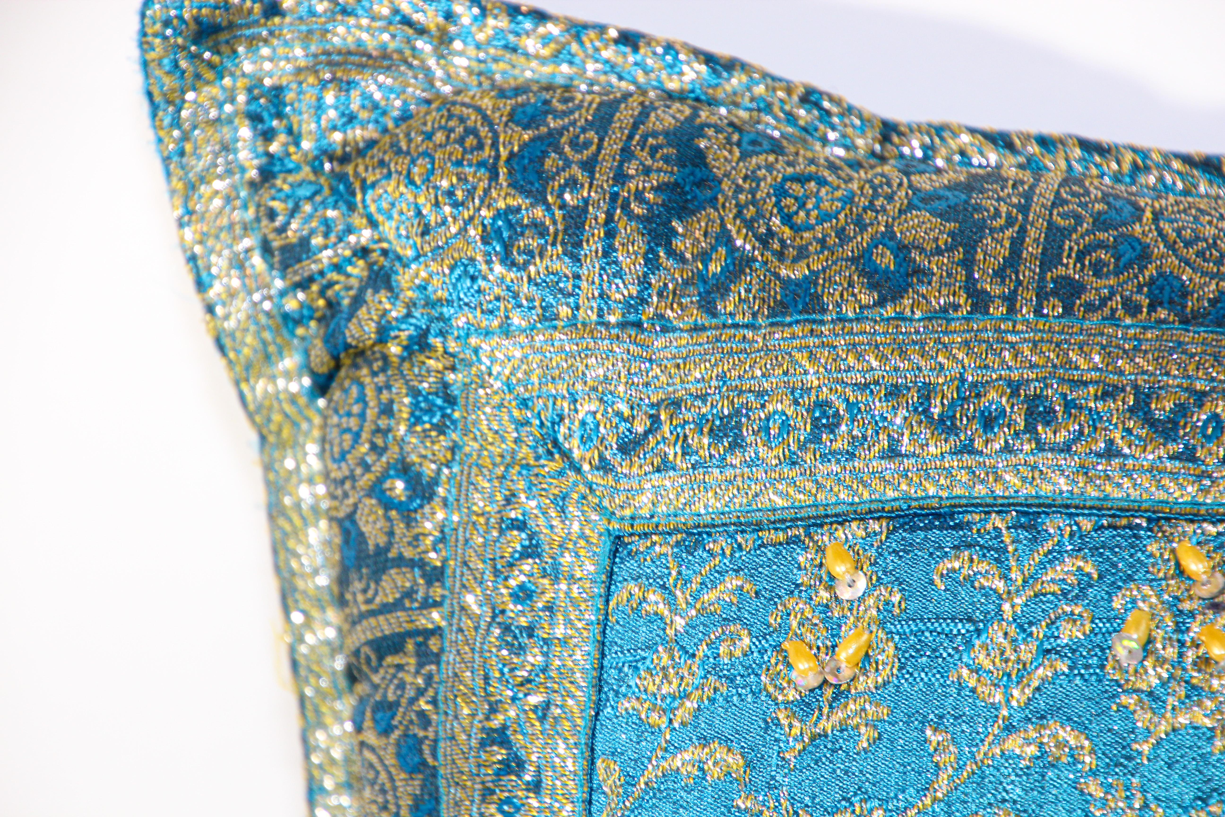 Turquoise Mughal Style Decorative Throw Pillow Embellished with Sequins and Bead For Sale 1
