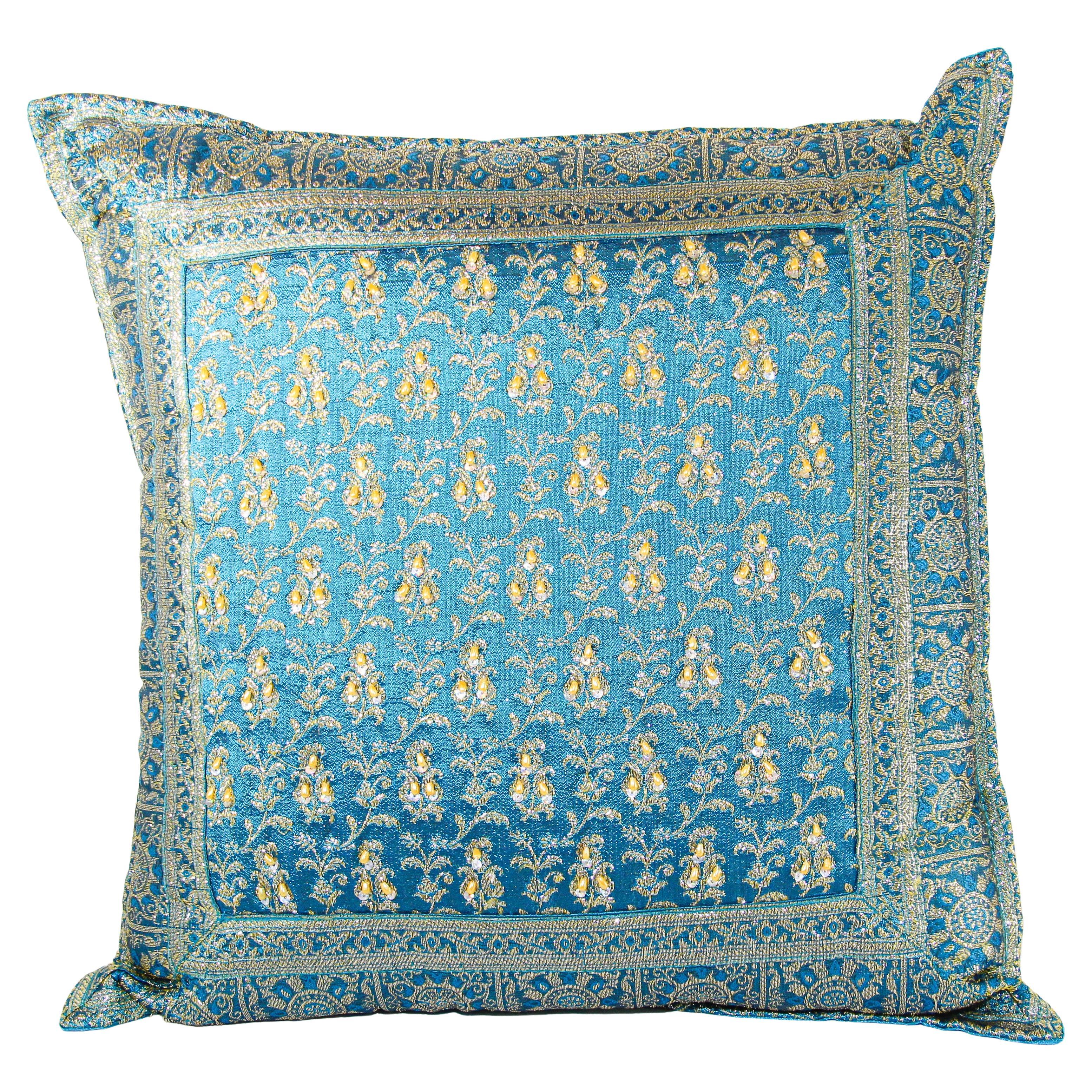 Turquoise Mughal Style Decorative Throw Pillow Embellished with Sequins and Bead For Sale
