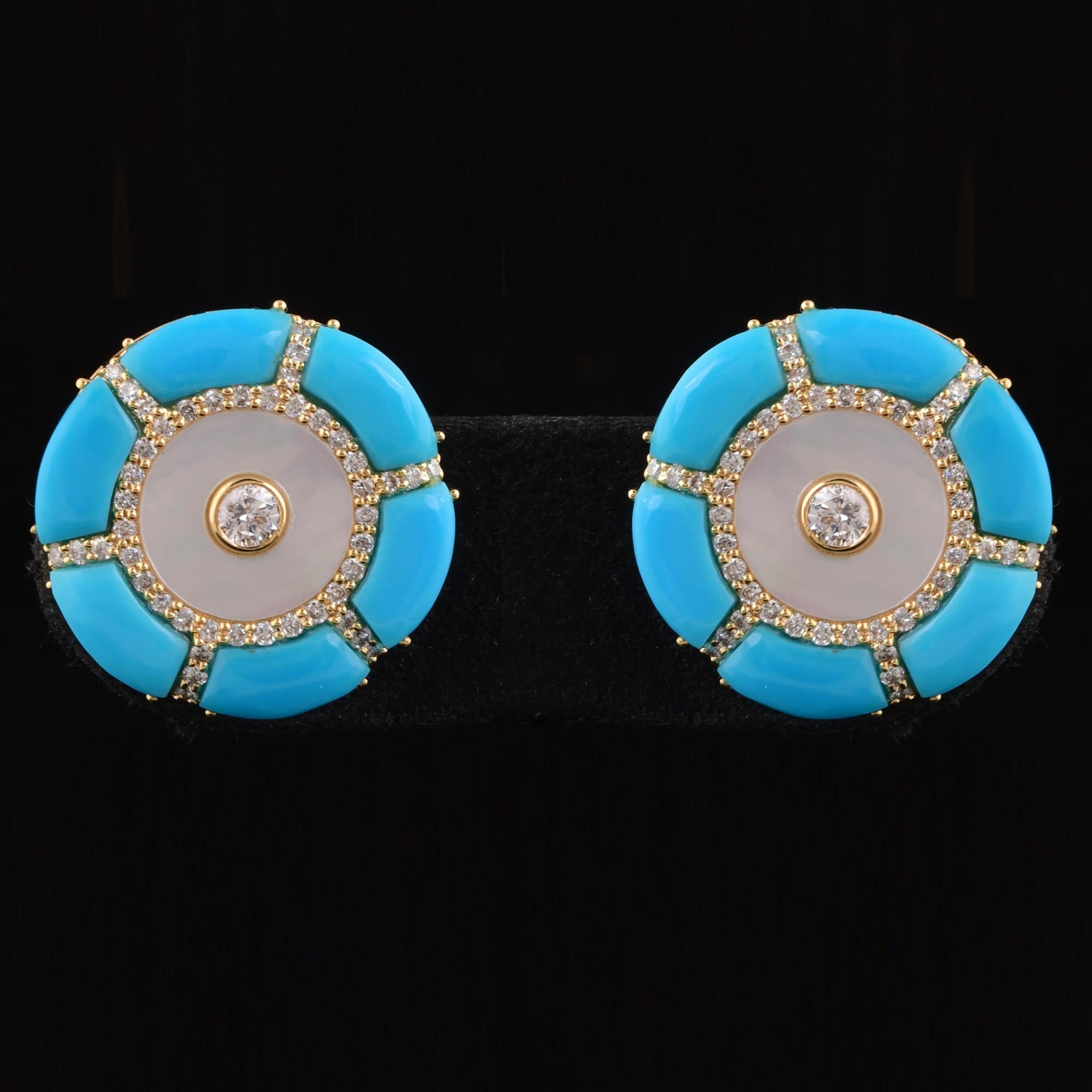 Türkis-MOP-Ohrringe mit Diamant-Pavé aus 18 Karat Gelbgold, handgefertigter feiner Schmuck (Moderne) im Angebot