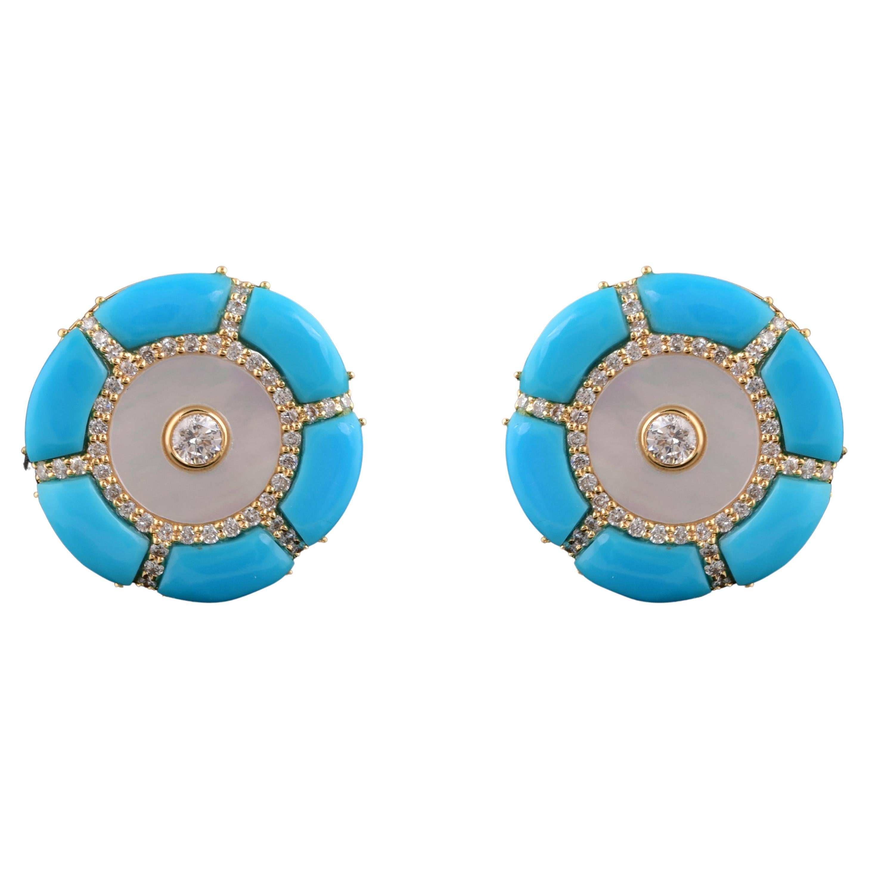 Turquoise MOP Earrings Diamond Pave 18 Karat Yellow Gold Handmade Fine Jewelry For Sale