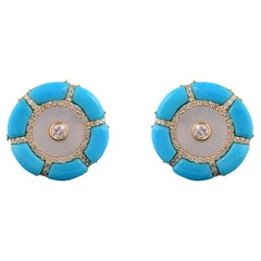 Turquoise MOP Earrings Diamond Pave 18 Karat Yellow Gold Handmade Fine Jewelry