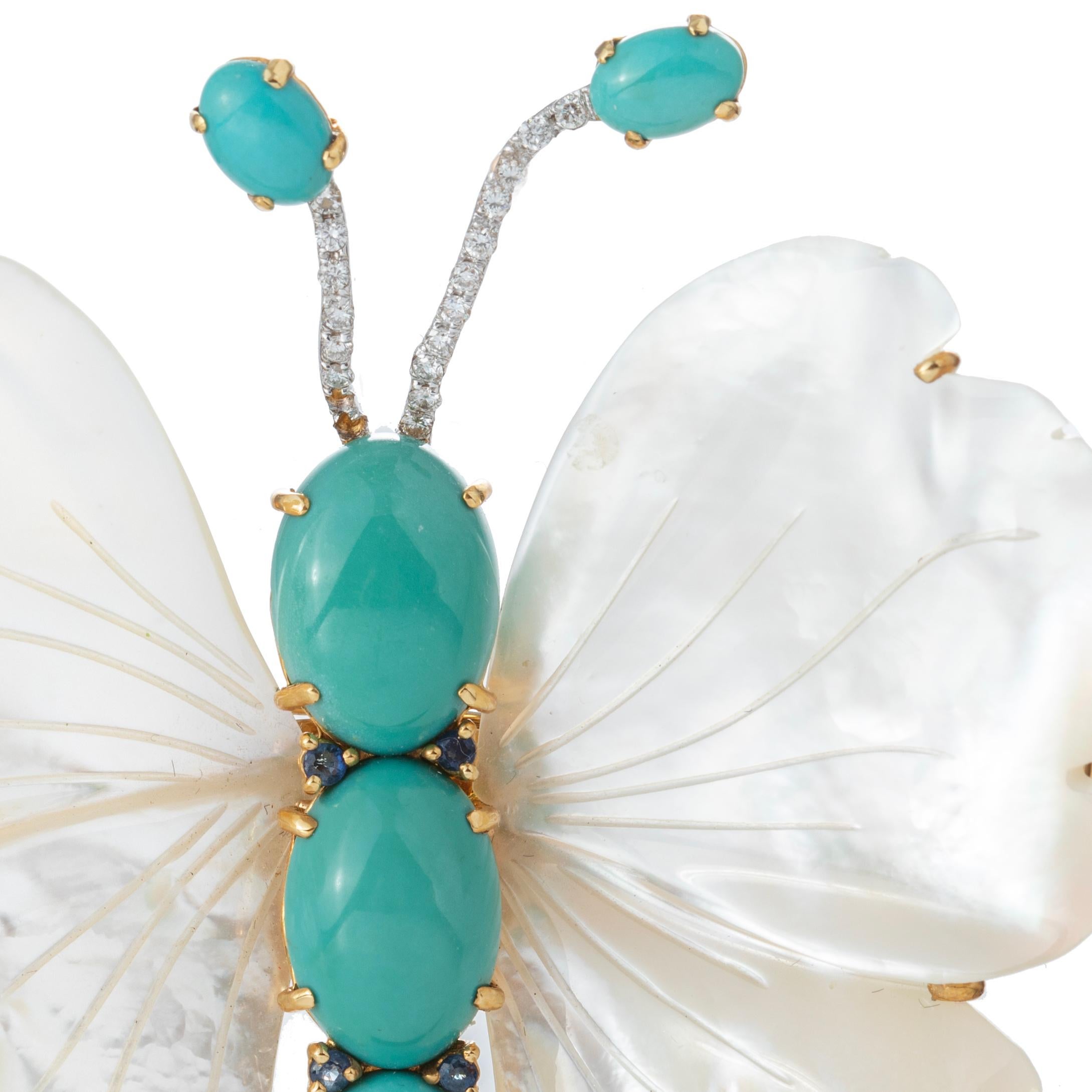 Turquoise Mother-of-Pearl Butterfly Brooch In Excellent Condition In Palm Beach, FL