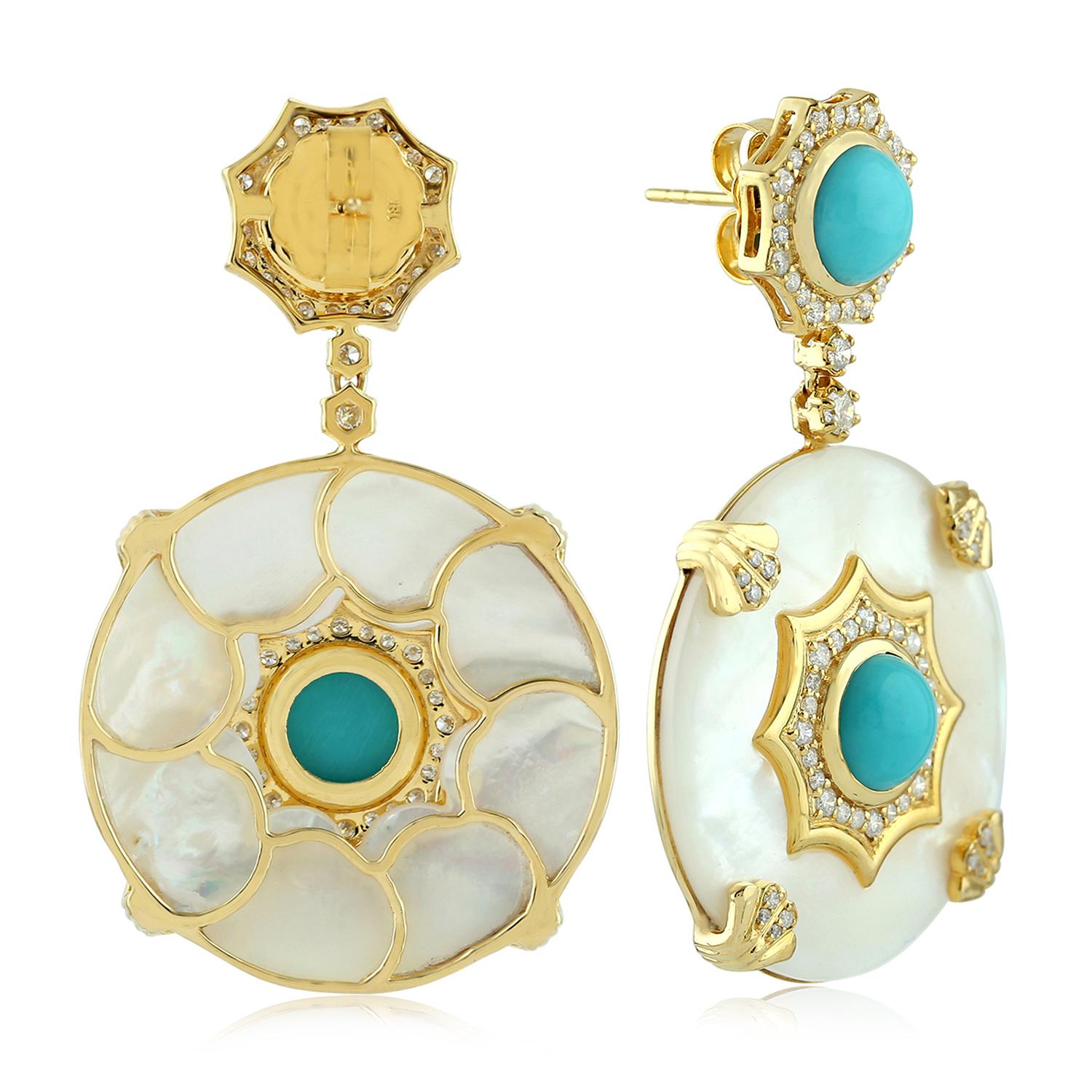 Modern Turquoise Mother of Pearl Diamond 18 Karat Gold Earrings For Sale