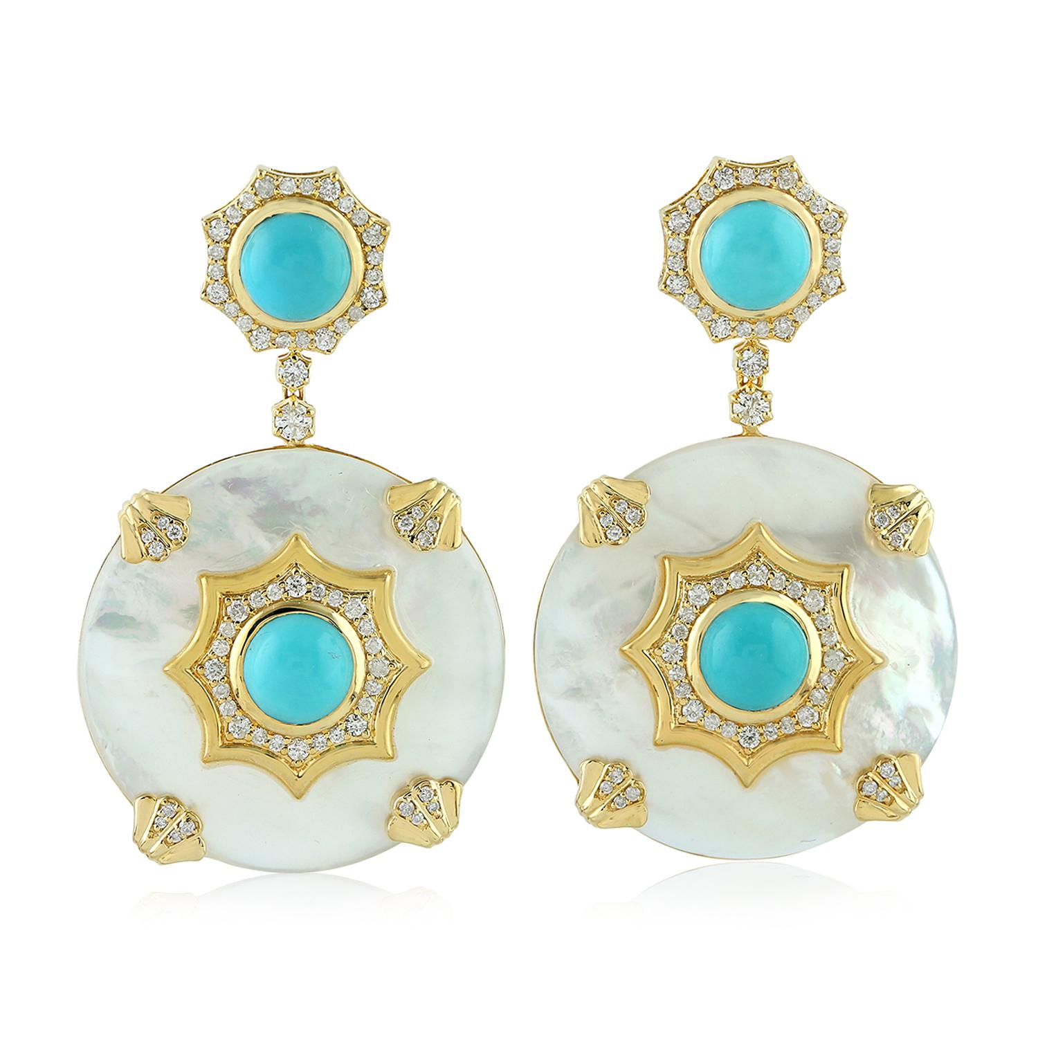Round Cut Turquoise Mother of Pearl Diamond 18 Karat Gold Earrings For Sale