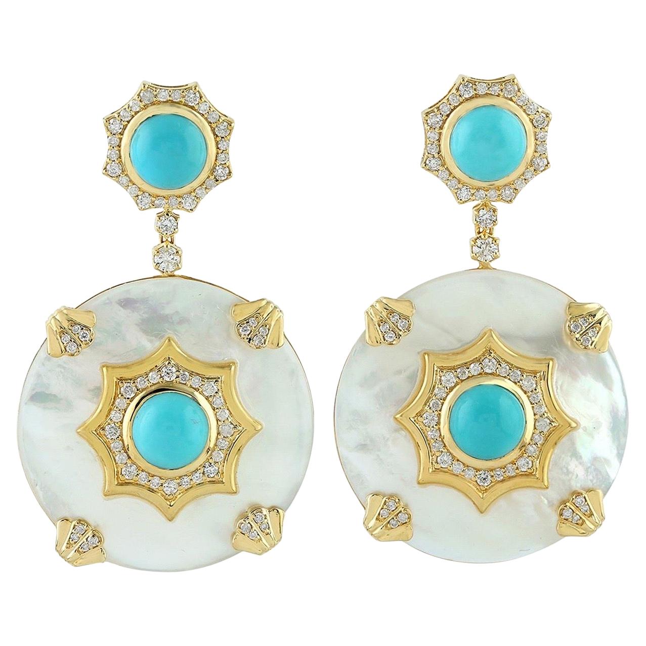 Turquoise Mother of Pearl Diamond 18 Karat Gold Earrings For Sale