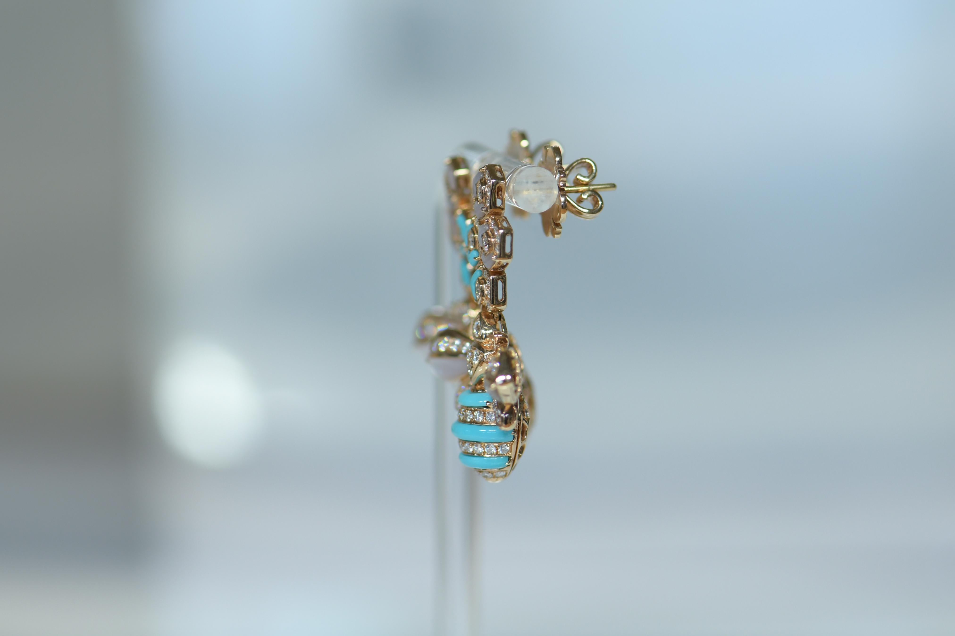  A stunning bee earring with stunning jewellery work. It is a beautiful model and has been set with beautiful Organic gem. In the centre of the body is set with turquoise mother of pearl and diamond. The back earring is as pretty as front. Bees toil