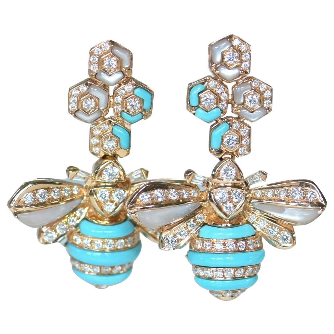 Turquoise Mother of Pearl Diamond Bee Earrings For Sale