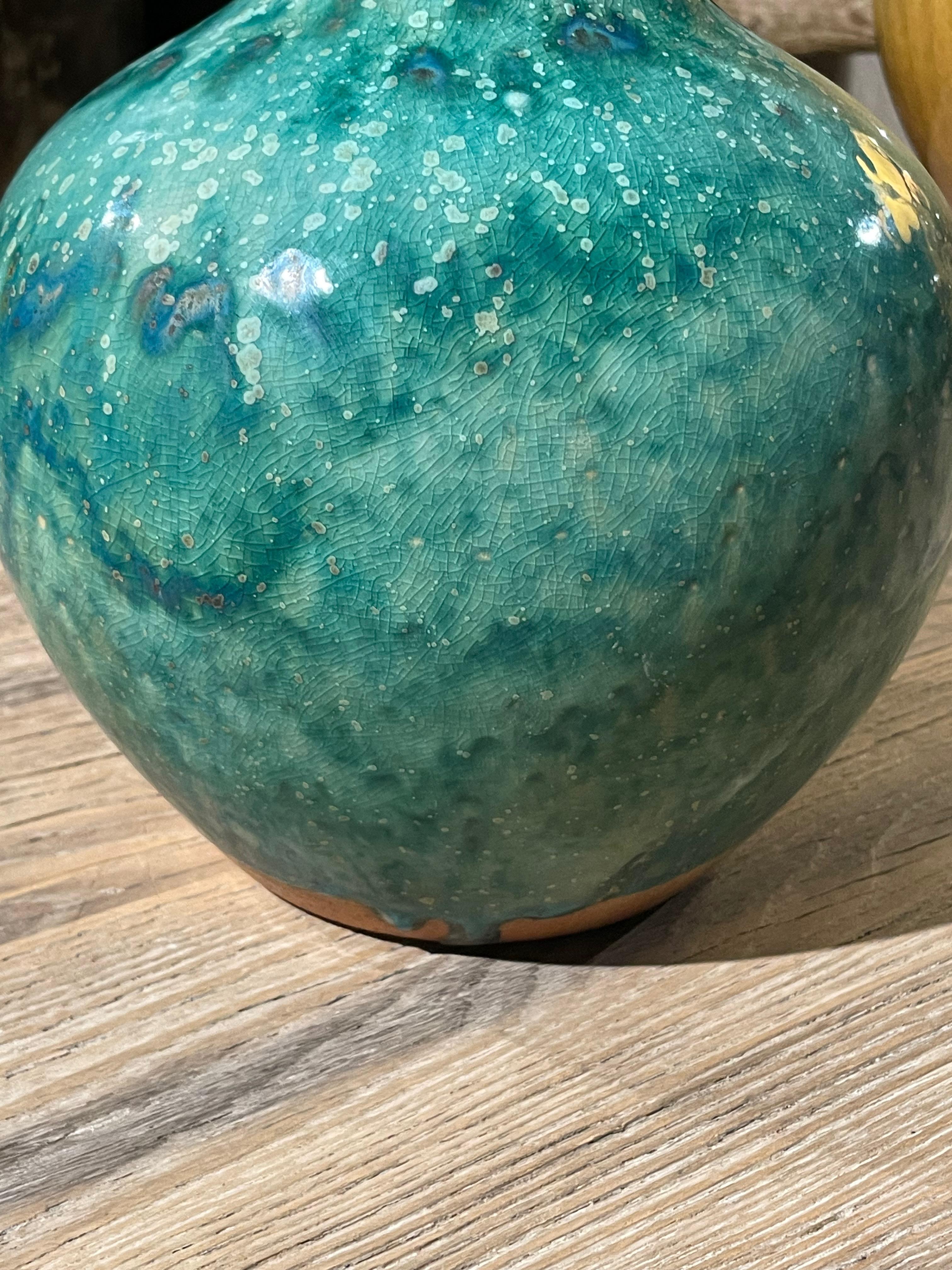 Ceramic Turquoise Mottled Glaze Funnel Shape Vase, China, Contemporary For Sale