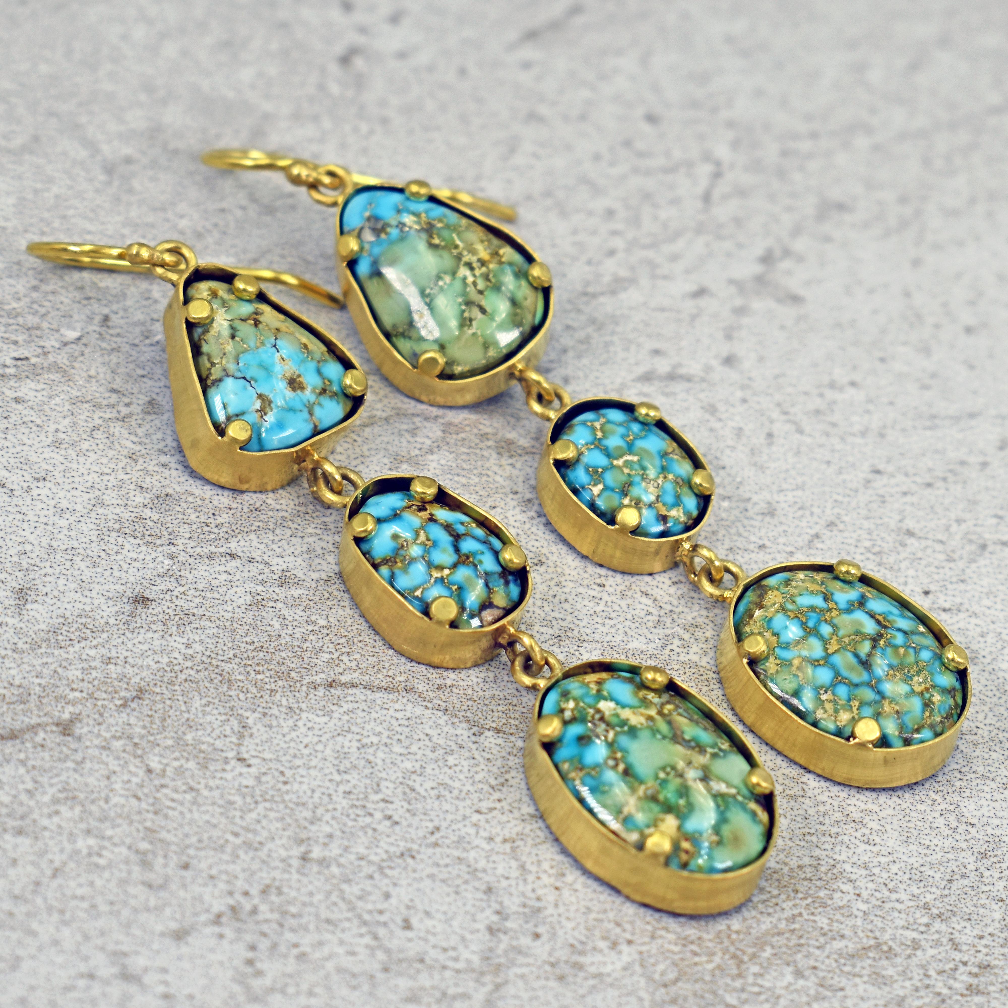 Gem-grade Turquoise Mountain cabochon 22k yellow gold three tier dangle earrings. Earrings are 3.13 inches in length. Gorgeous, one-of-a-kind dangle earrings featuring beautiful turquoise gemstones from the mine in Arizona, USA. 
