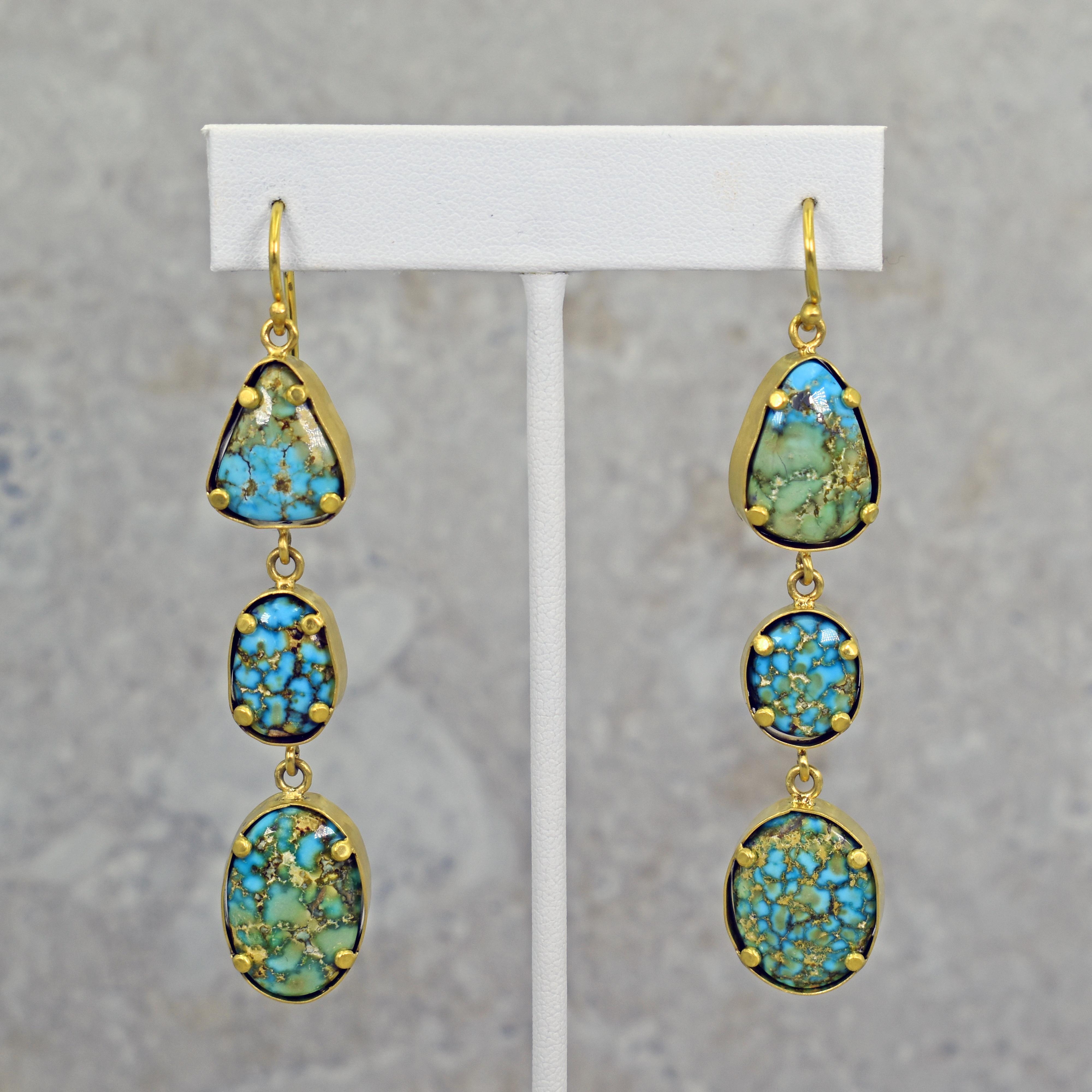 Contemporary Turquoise Mountain 22 Karat Gold 3-Tier Dangle Earrings