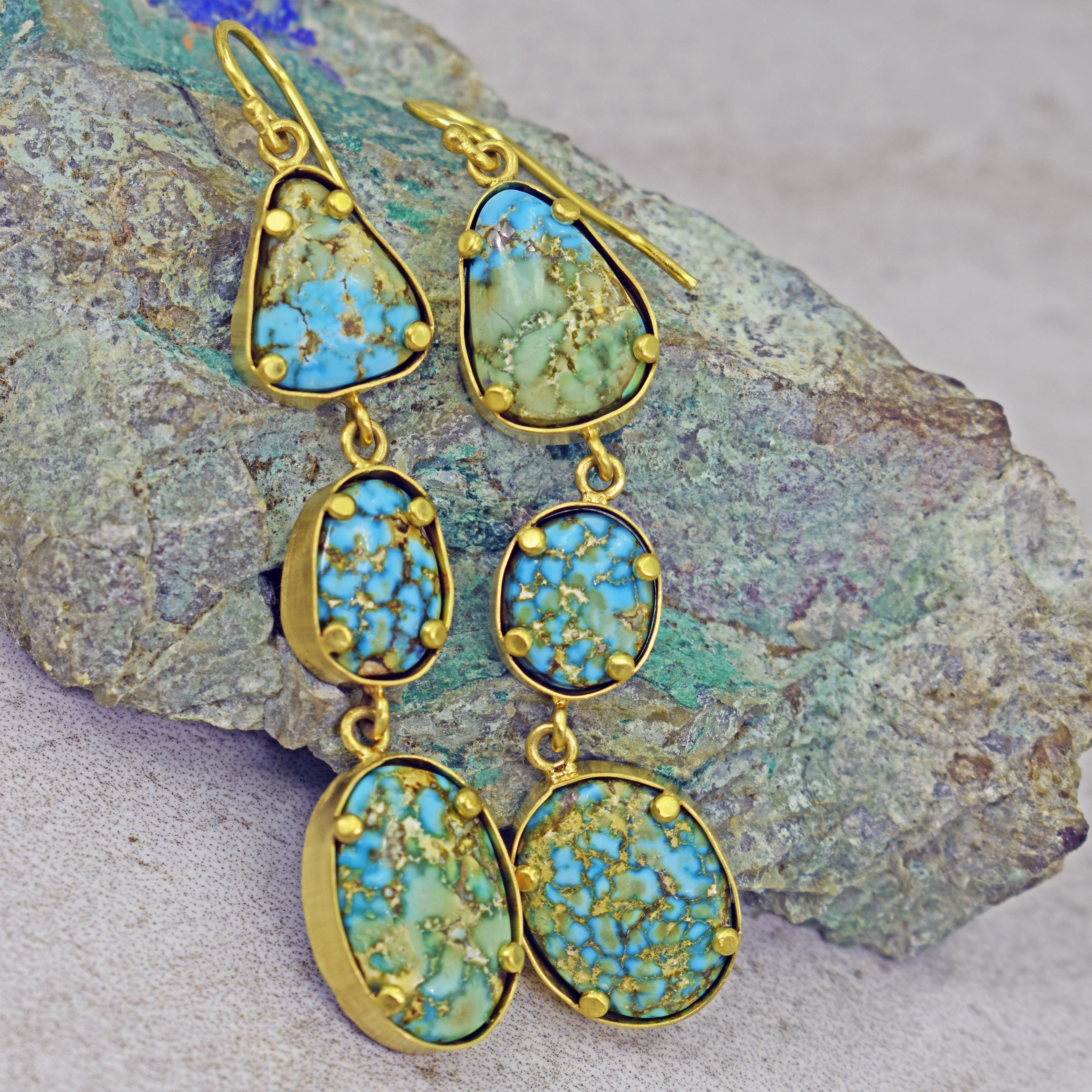 Turquoise Mountain 22 Karat Gold 3-Tier Dangle Earrings 1