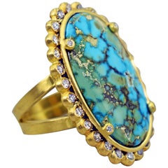 Turquoise Mountain Diamond Halo 22 Karat Gold Cocktail Ring