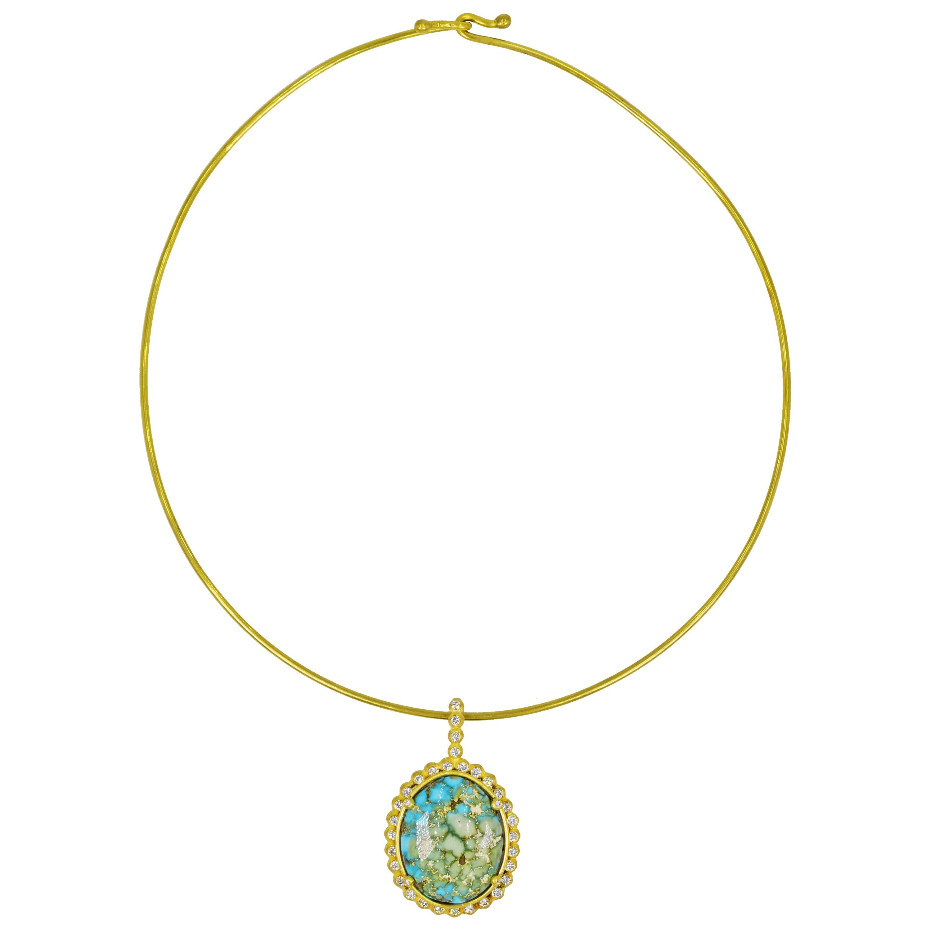 Turquoise Mountain Diamond Halo 22 Karat Gold Pendant on Wire Necklace