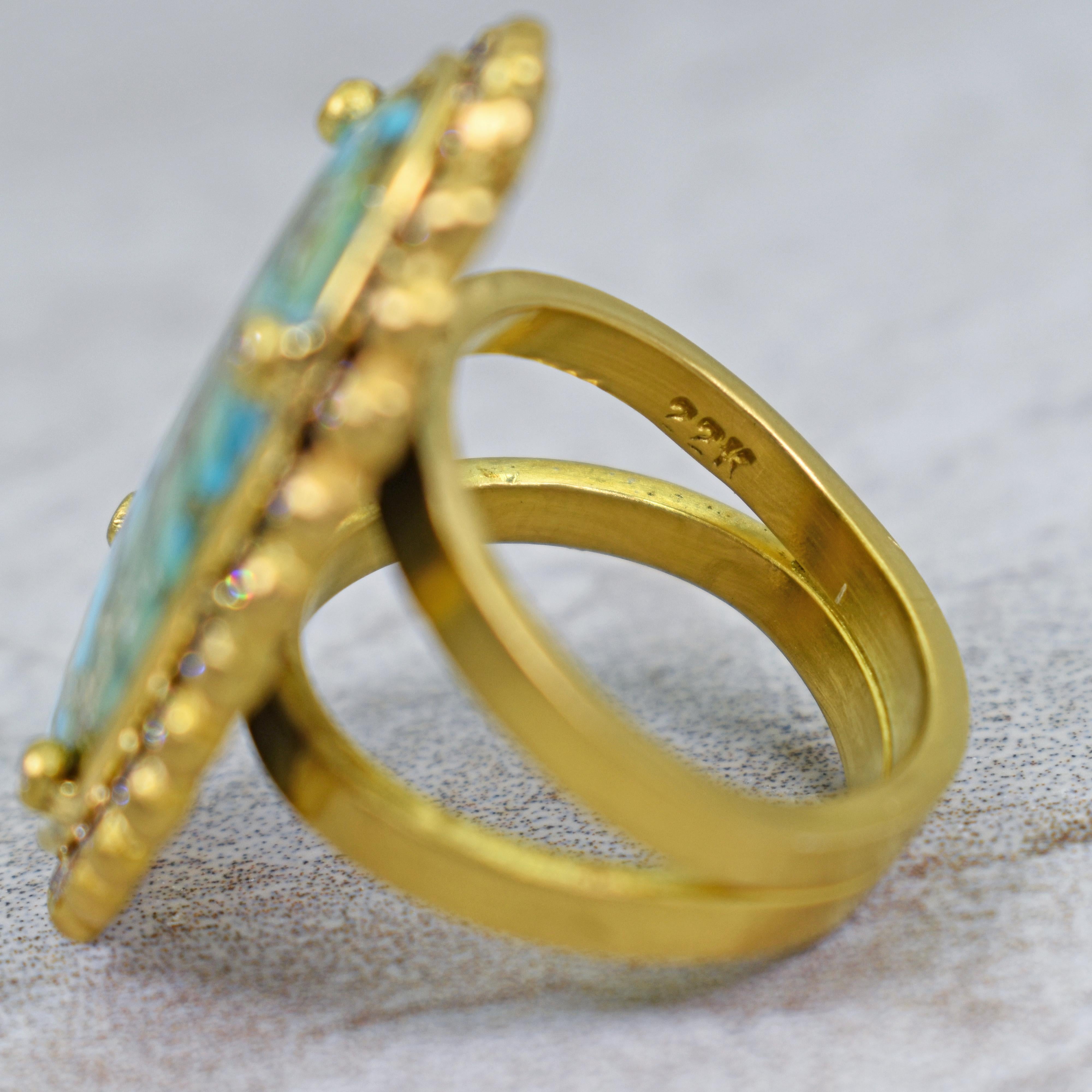 Turquoise Mountain Diamond Halo 22 Karat Gold Cocktail Ring In New Condition In Naples, FL