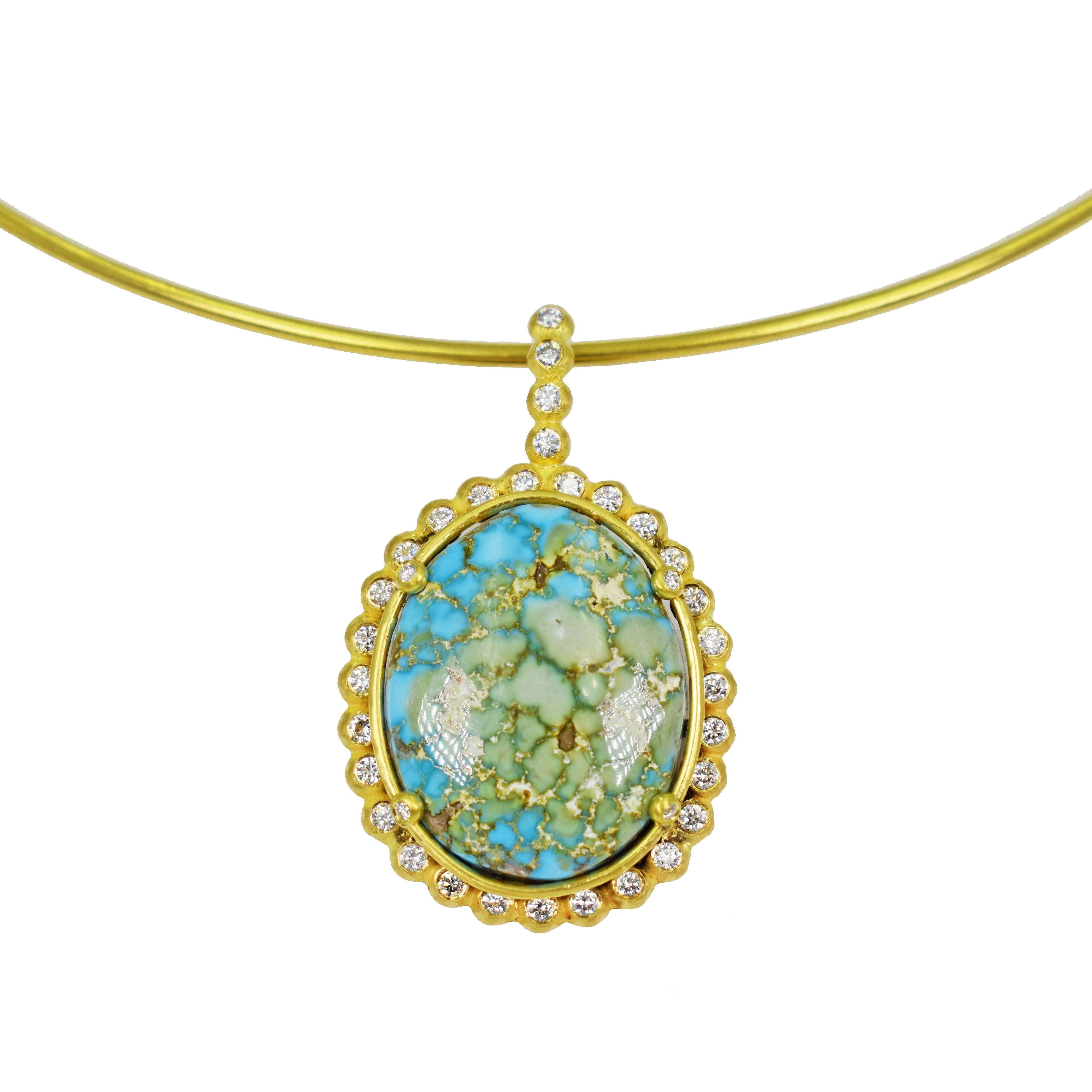 Vicki Orr Designs gem-grade Turquoise Mountain cabochon and Diamond halo 22k yellow gold pendant on a 22k wire collar necklace. Neck wire is 15 inches in length. Pendant, including bail, is 1.57 inches in length. Gorgeous, one-of-a-kind pendant