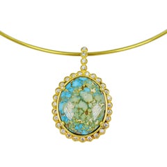 Turquoise Mountain Diamond Halo 22 Karat Gold Pendant on Wire Necklace