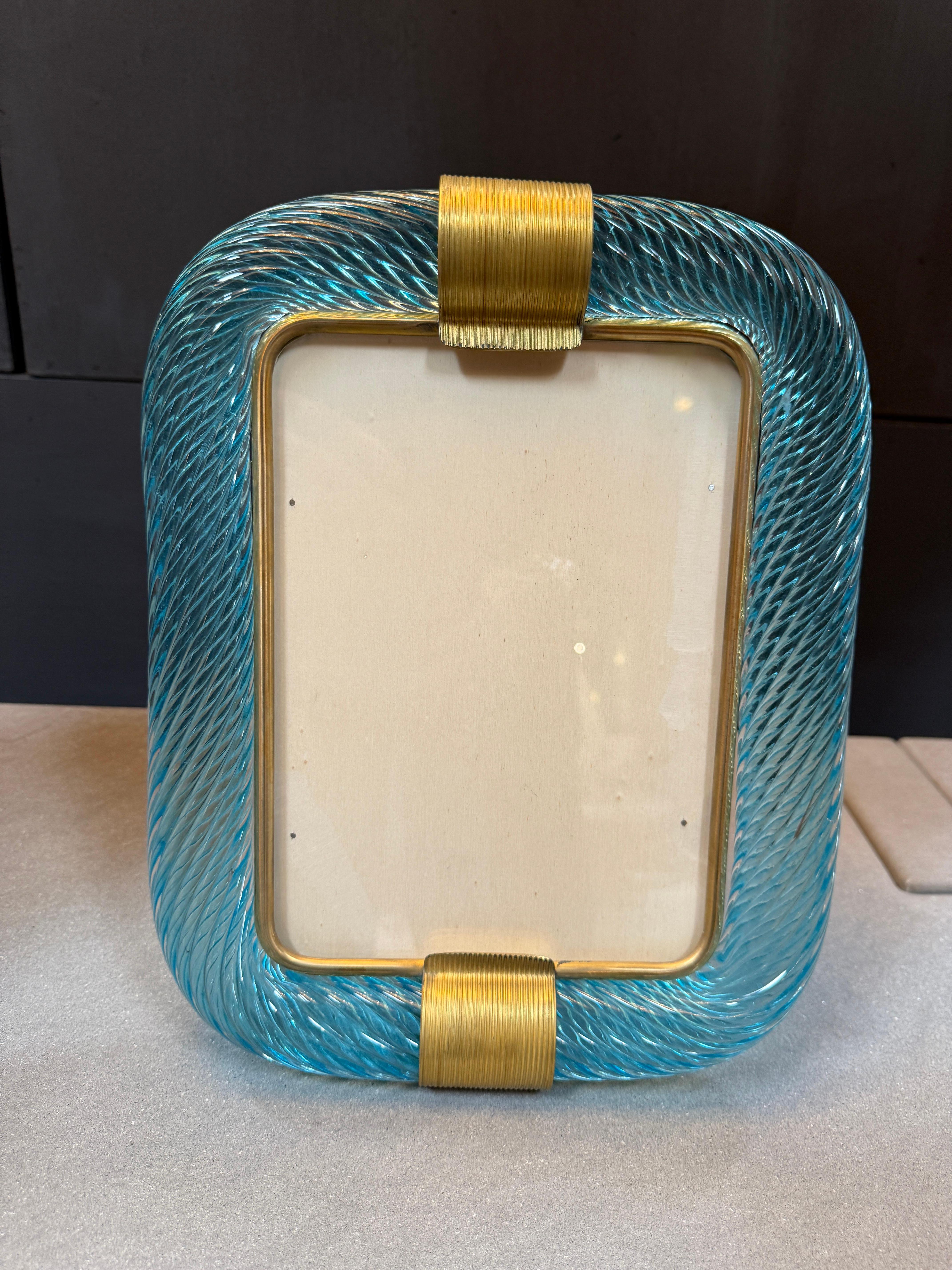 Modern Turquoise Murano Glass and Brass Picture Frame For Sale