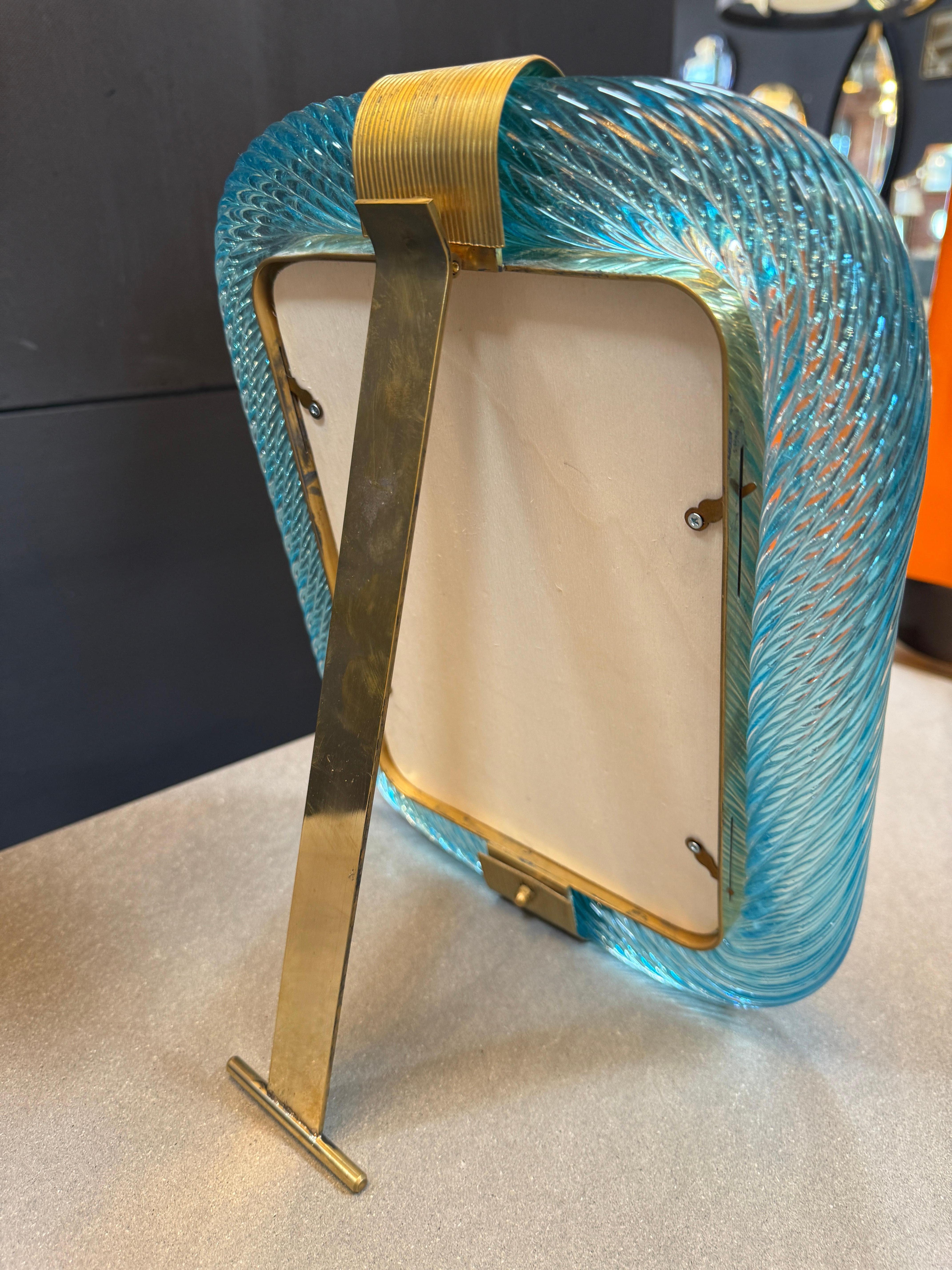 Art Glass Turquoise Murano Glass and Brass Picture Frame For Sale