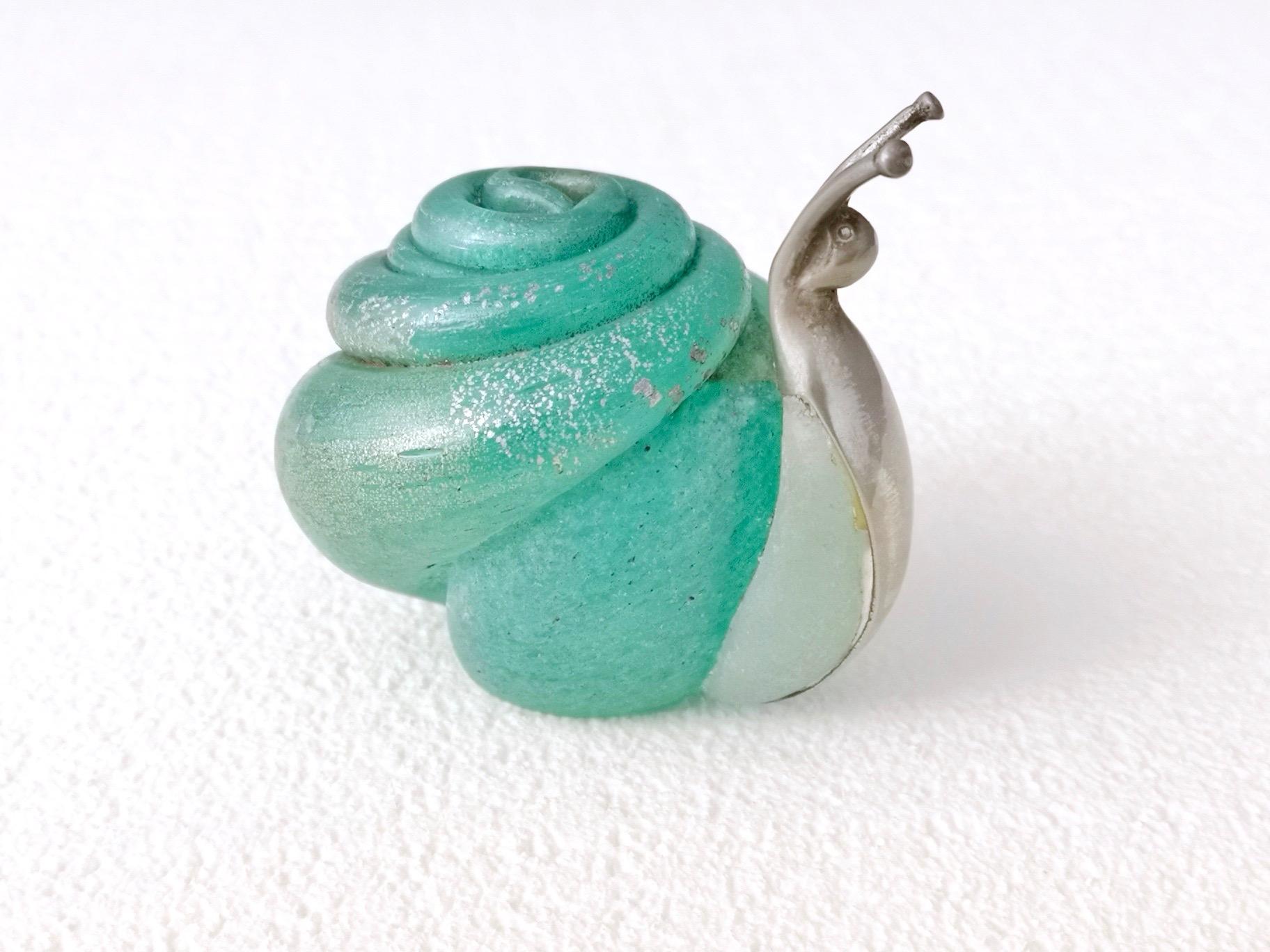 Turquoise Murano Glass and Silver Snail by Venini Murano, Italy, 1980s 5