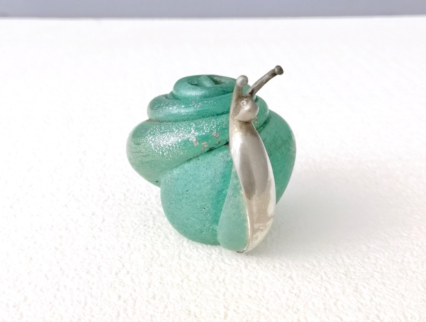 Turquoise Murano Glass and Silver Snail by Venini Murano, Italy, 1980s 6