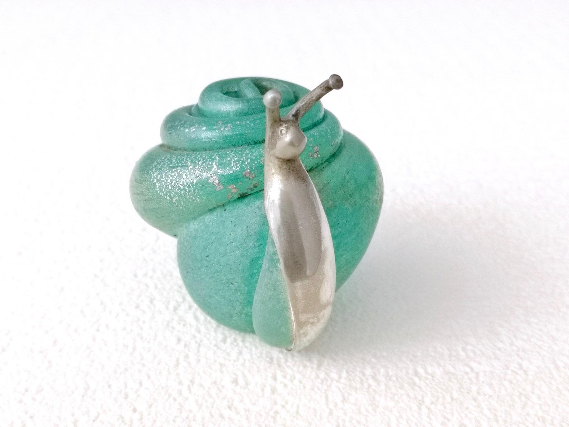 Turquoise Murano Glass and Silver Snail by Venini Murano, Italy, 1980s 7