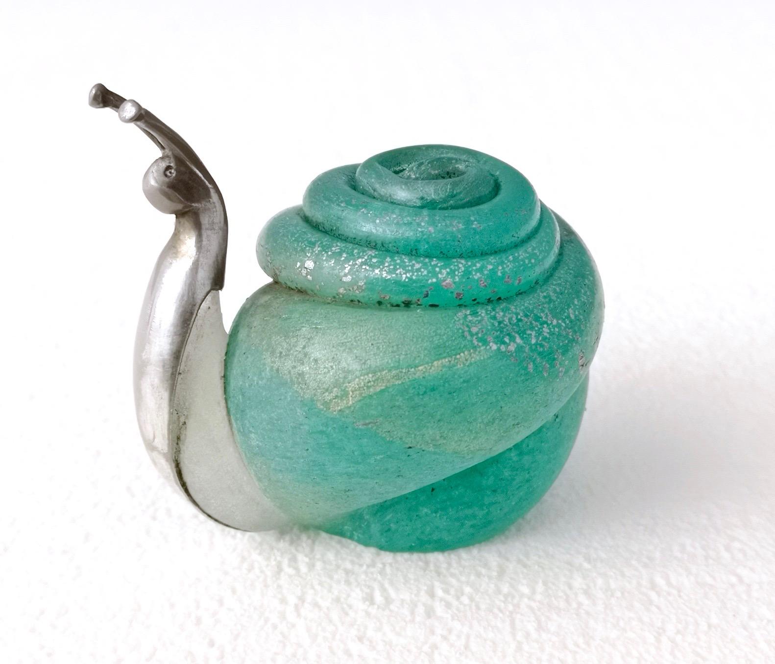 Turquoise Murano Glass and Silver Snail by Venini Murano, Italy, 1980s In Excellent Condition In Bresso, Lombardy