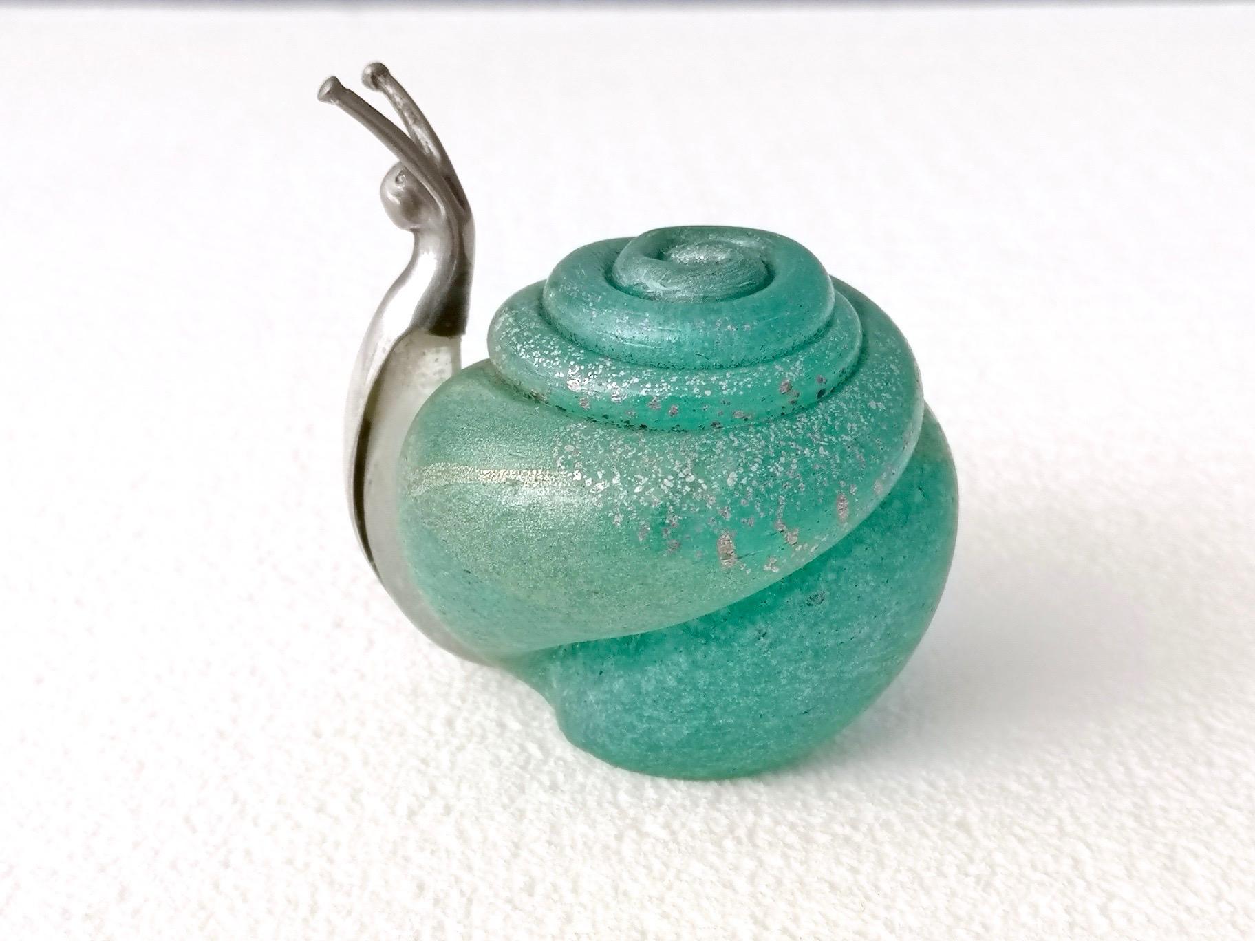 Late 20th Century Turquoise Murano Glass and Silver Snail by Venini Murano, Italy, 1980s