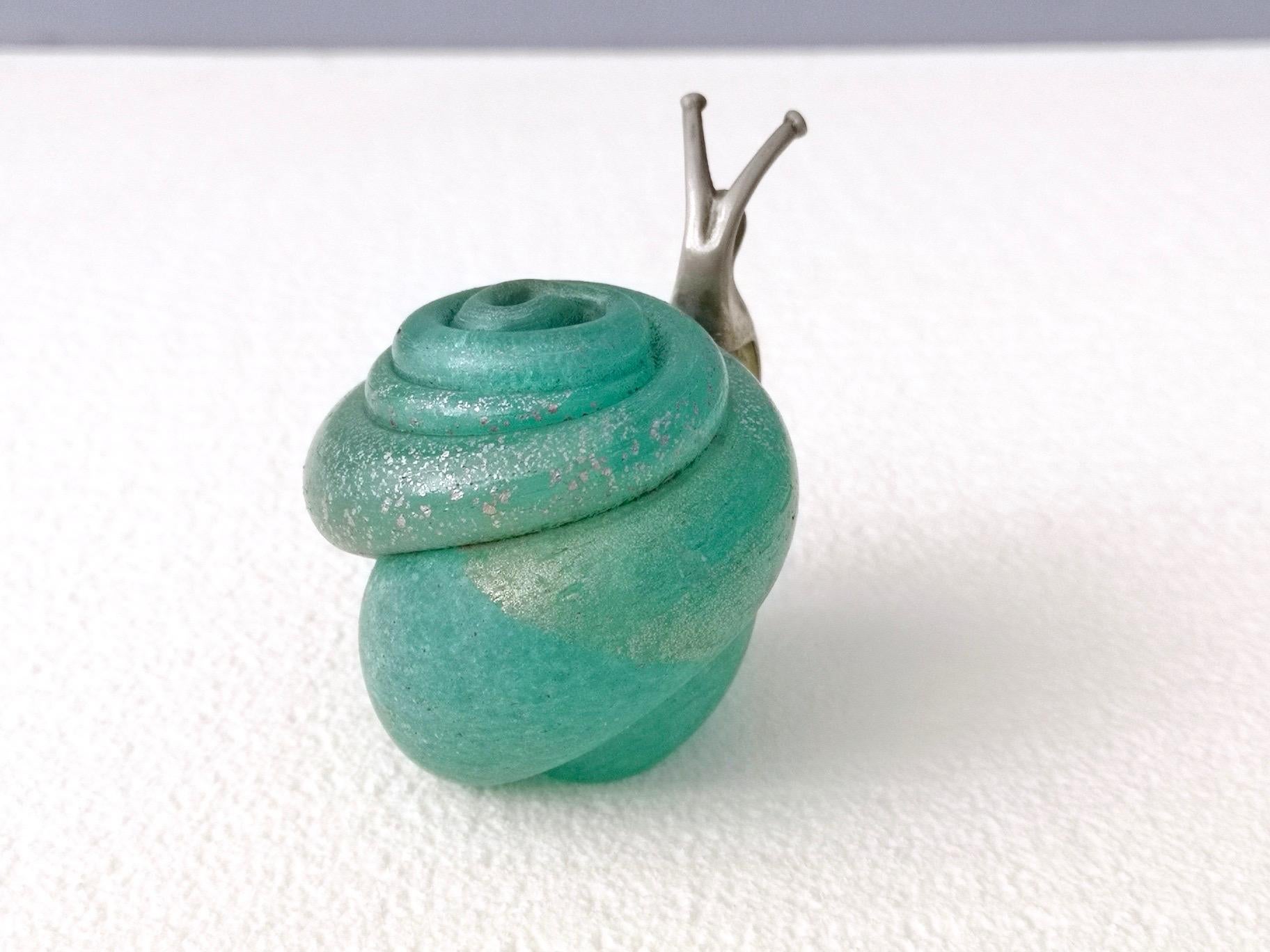 Turquoise Murano Glass and Silver Snail by Venini Murano, Italy, 1980s 3