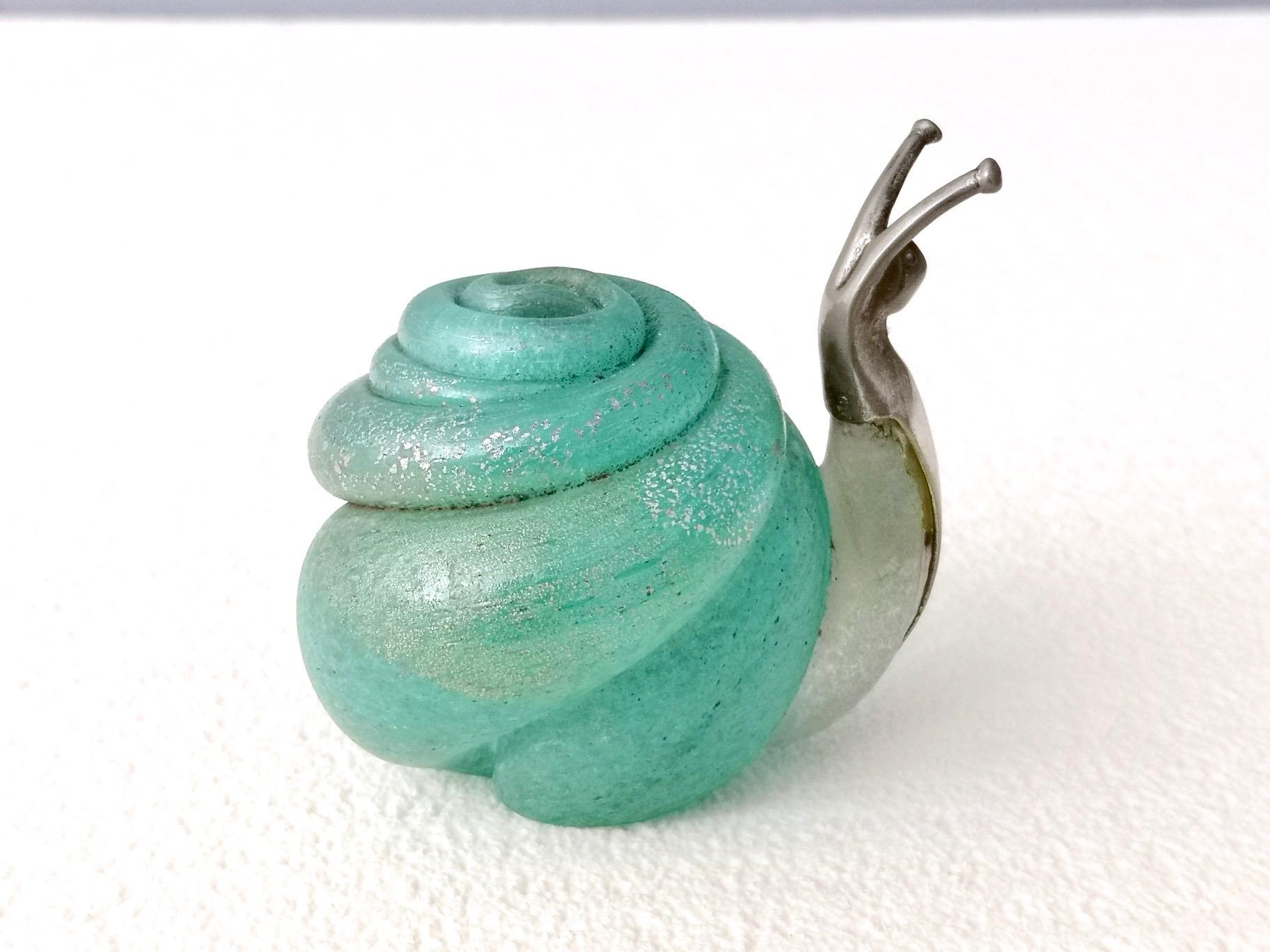 Turquoise Murano Glass and Silver Snail by Venini Murano, Italy, 1980s 4