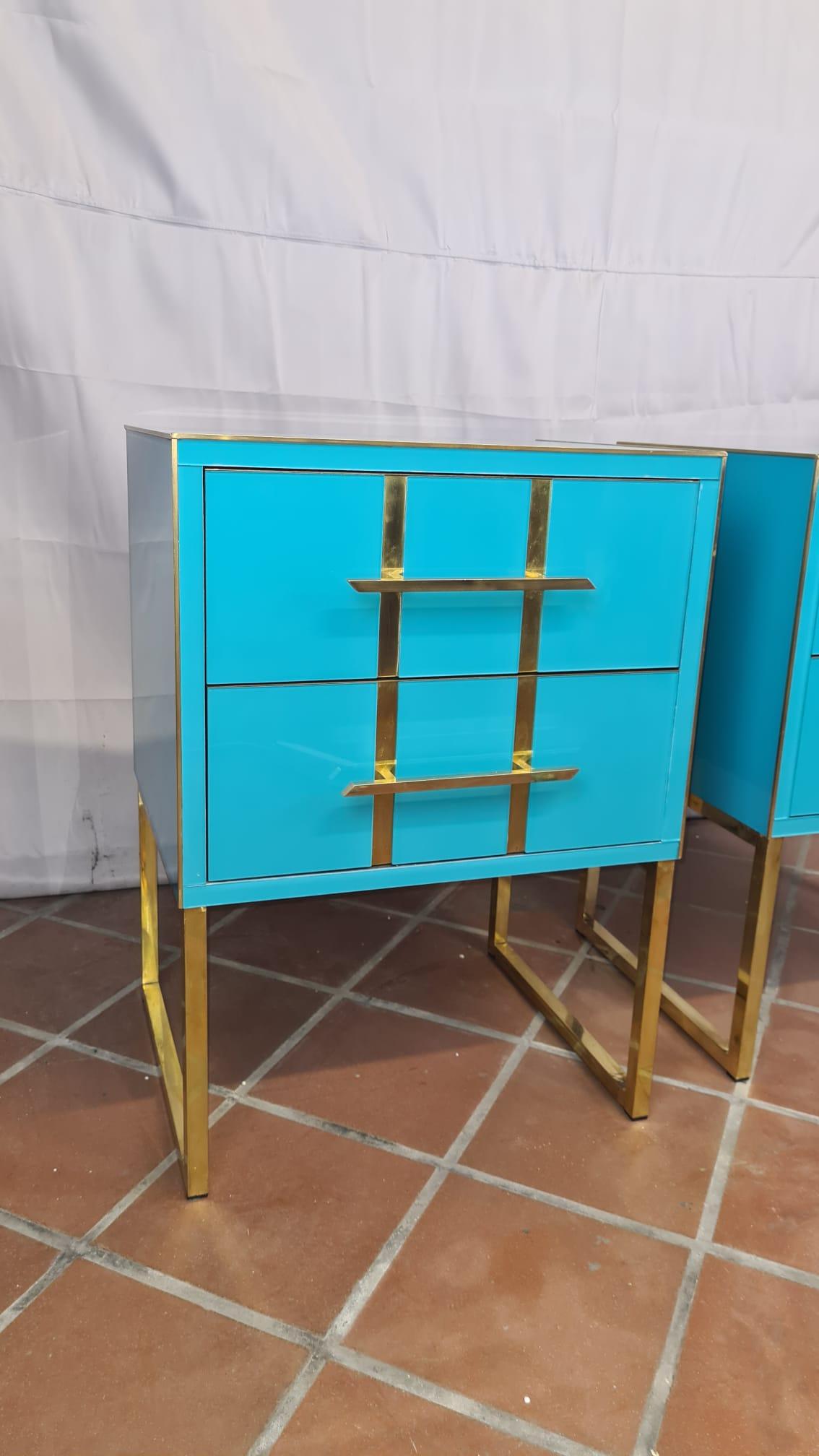 Mid-Century Modern Light Blue Murano Glass Bedside Tables, Brass & Gray Velvet Interior Available For Sale