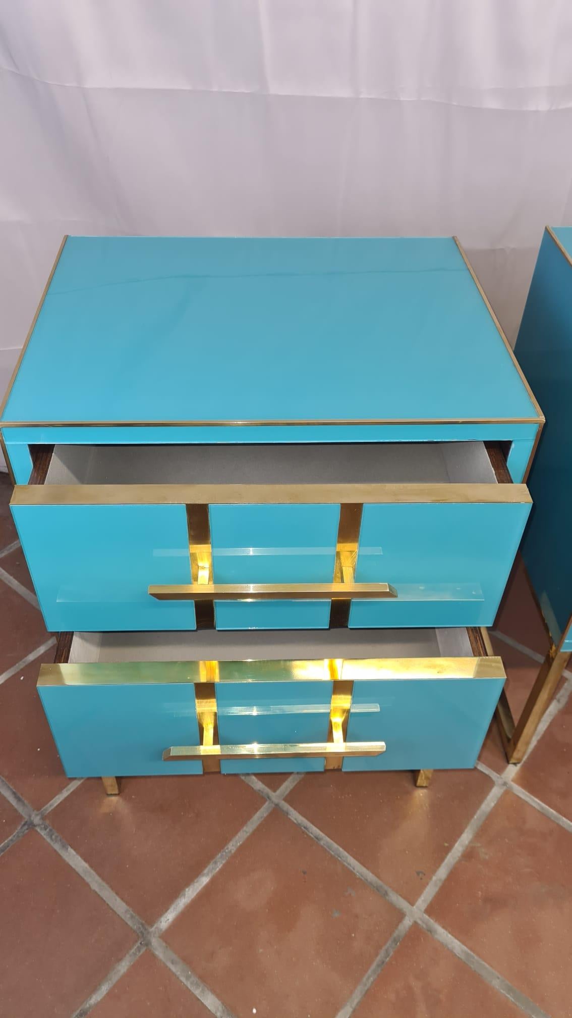 Italian Light Blue Murano Glass Bedside Tables, Brass & Gray Velvet Interior Available For Sale