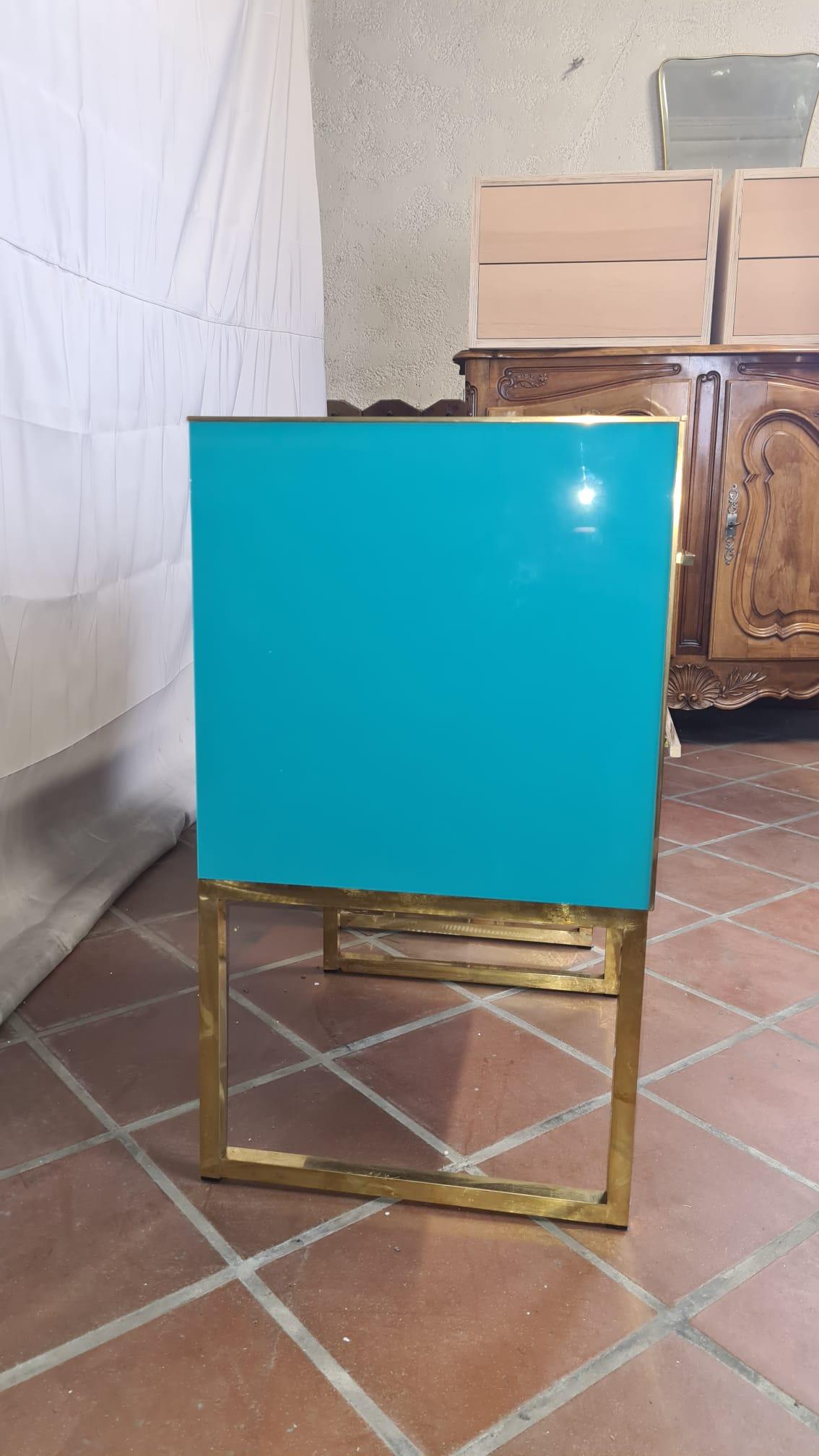 Hand-Carved Light Blue Murano Glass Bedside Tables, Brass & Gray Velvet Interior Available For Sale