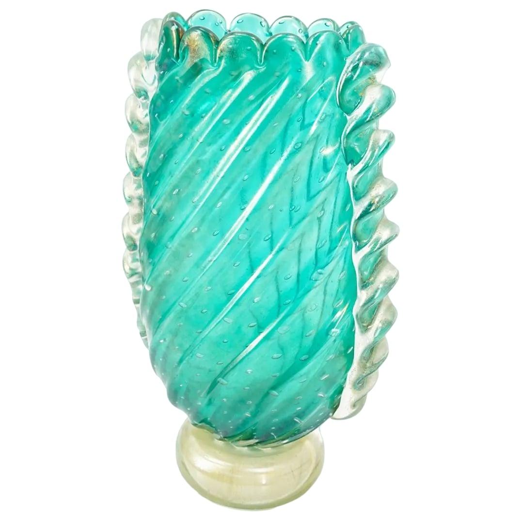 Italian Turquoise Murano Glass Mid-Century Modern Vase 1950s, Barovier e Toso For Sale