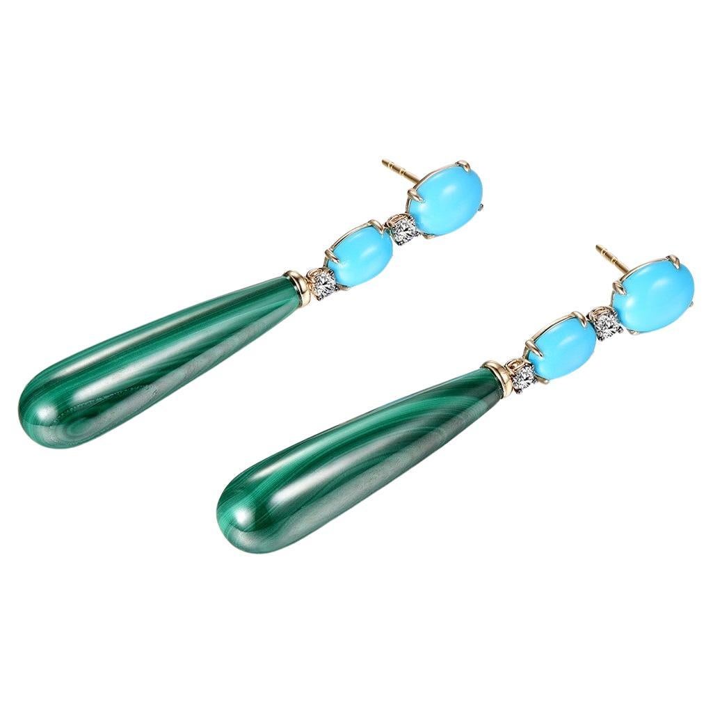 Contemporary Turquoise Natts Diamond Malachite Dangle Earrings in 14 Karat Yellow Gold For Sale